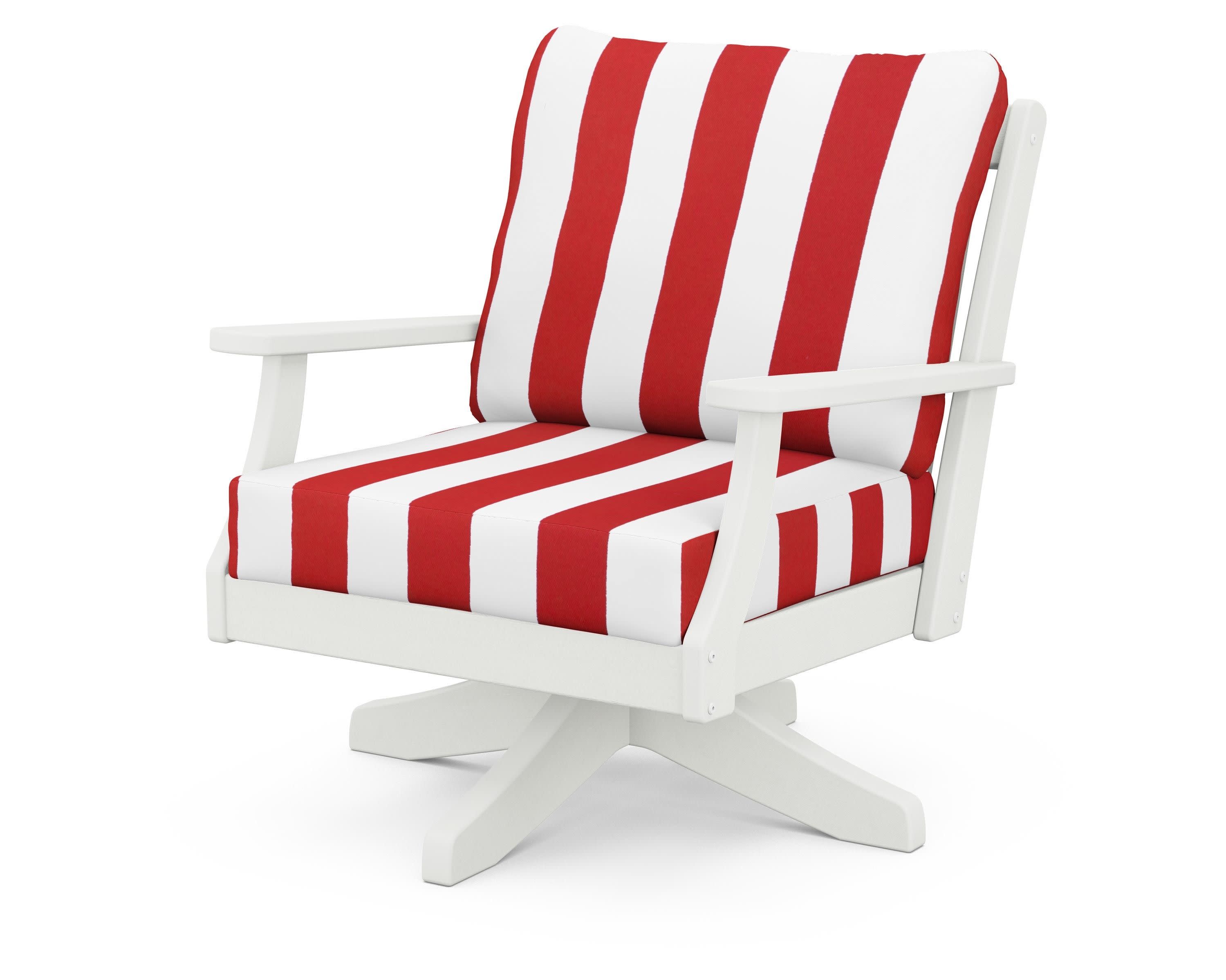 Braxton Deep Seating Swivel Chair in Vintage White / Cabana Stripe Crimson