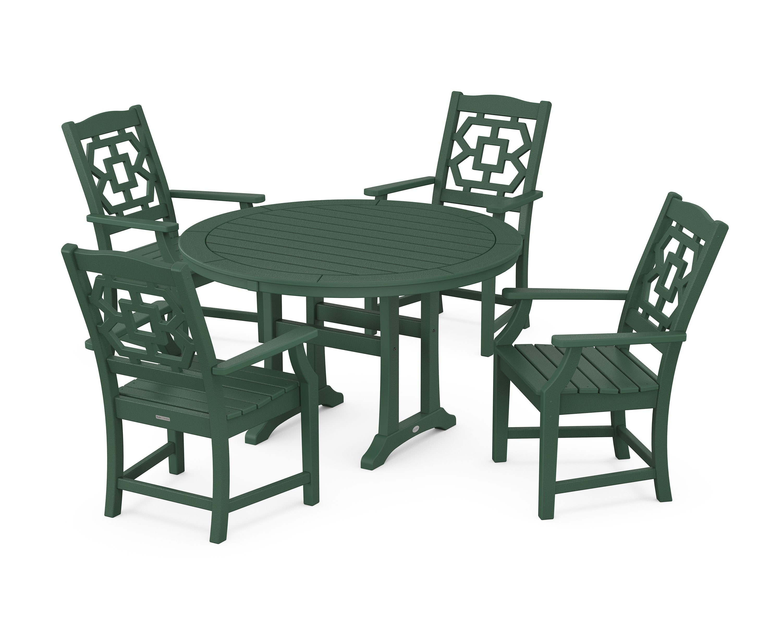 Chinoiserie 5-Piece Round Dining Set with Trestle Legs in Green