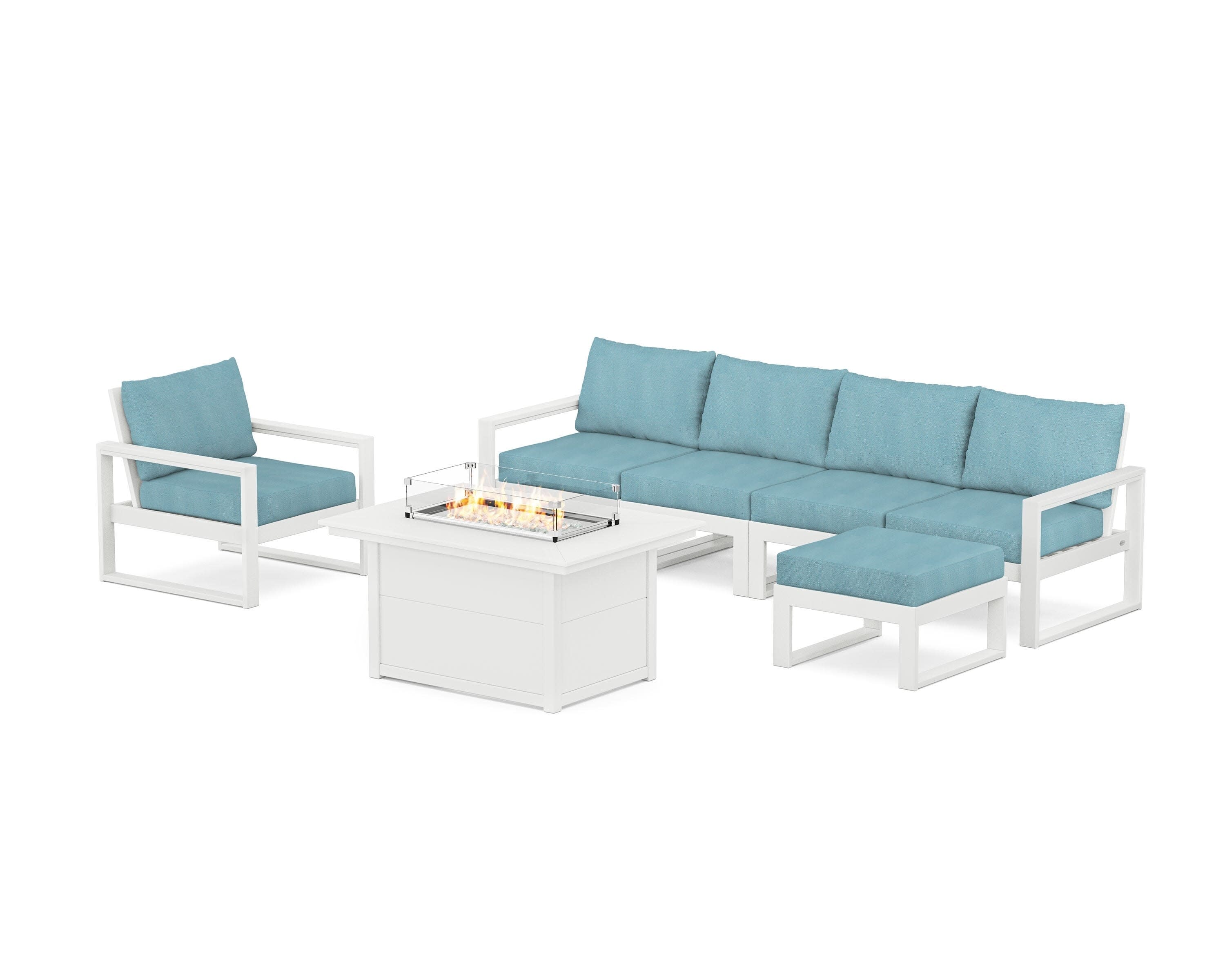 EDGE Sectional Lounge and Fire Pit Set in White / Lattice Sky Blue