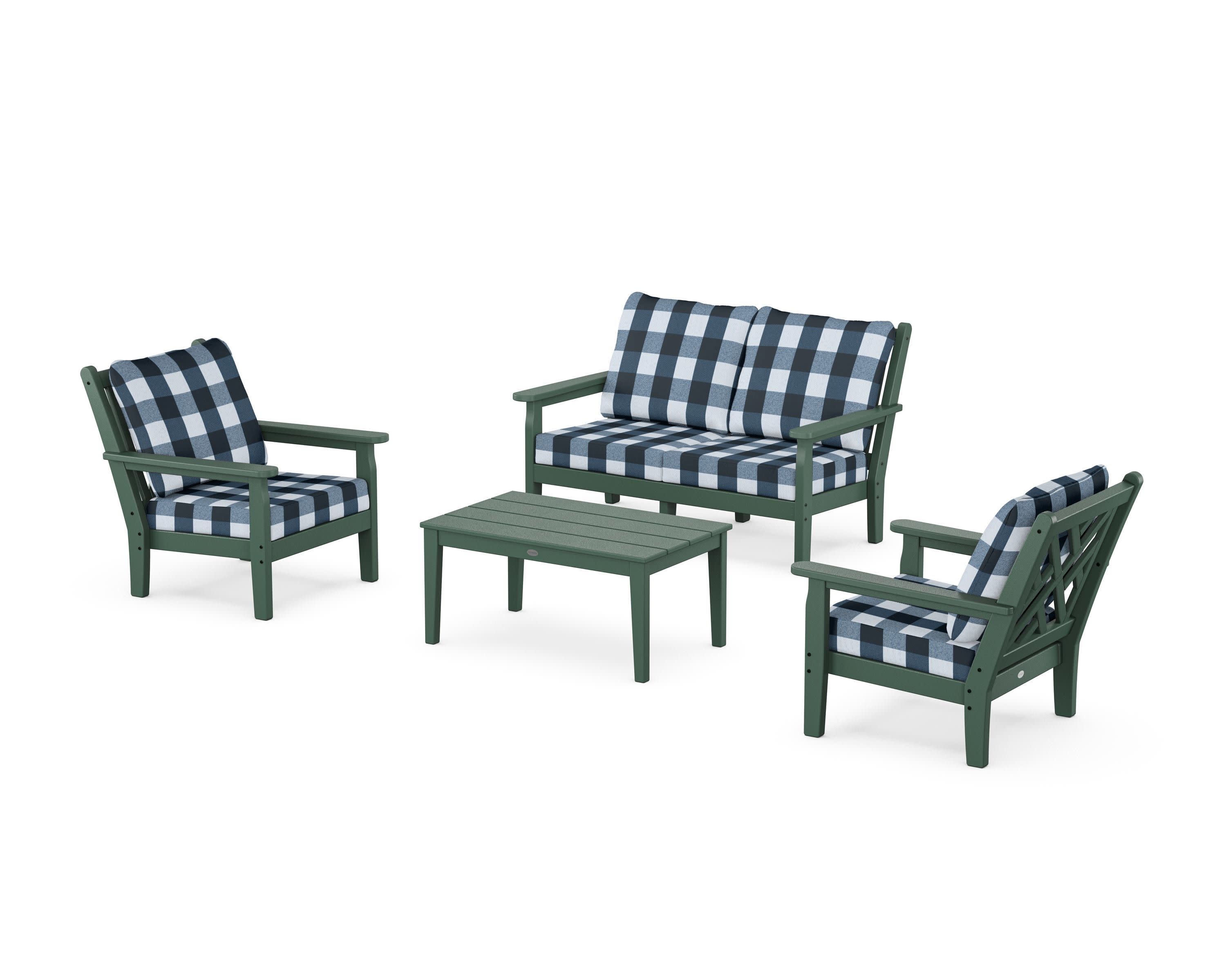 Chippendale 4-Piece Deep Seating Set with Loveseat in Green / Buffalo Plaid Marine Indigo