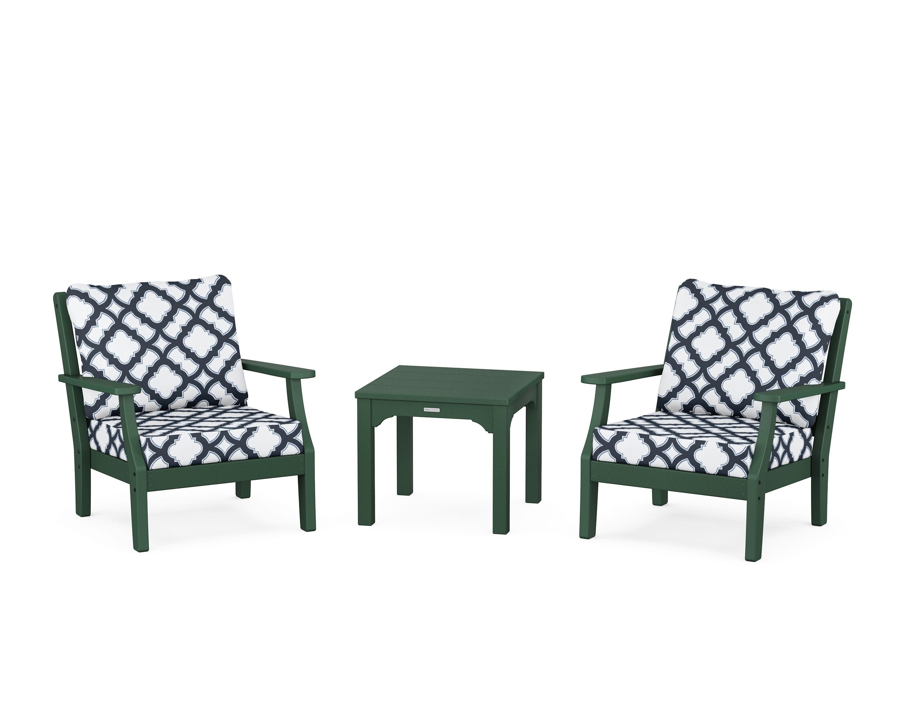Chinoiserie 3-Piece Deep Seating Set in Green / Trellis Marine Indigo