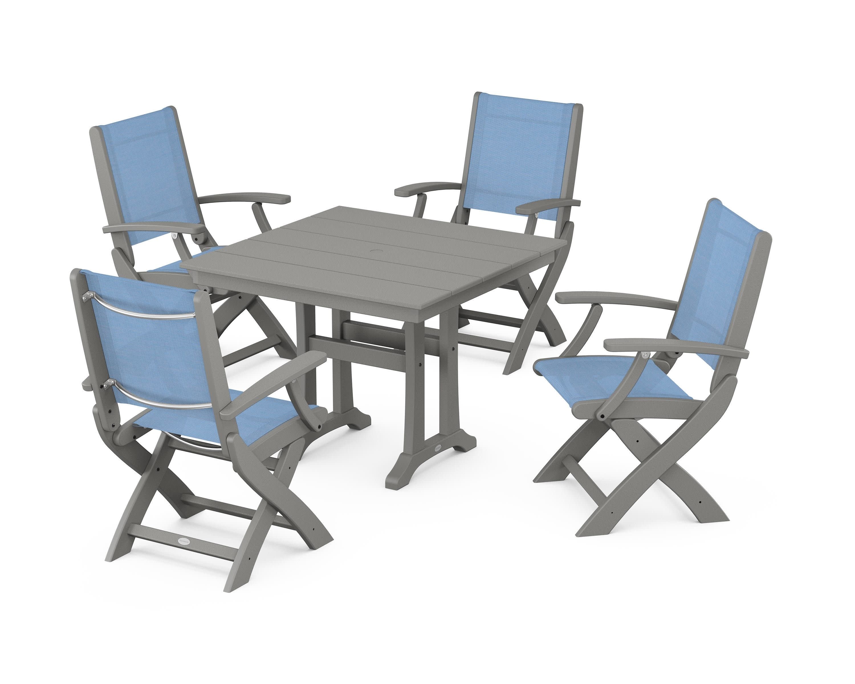 Coastal Folding Chair 5-Piece Farmhouse Dining Set With Trestle Legs in Slate Grey / Poolside Sling