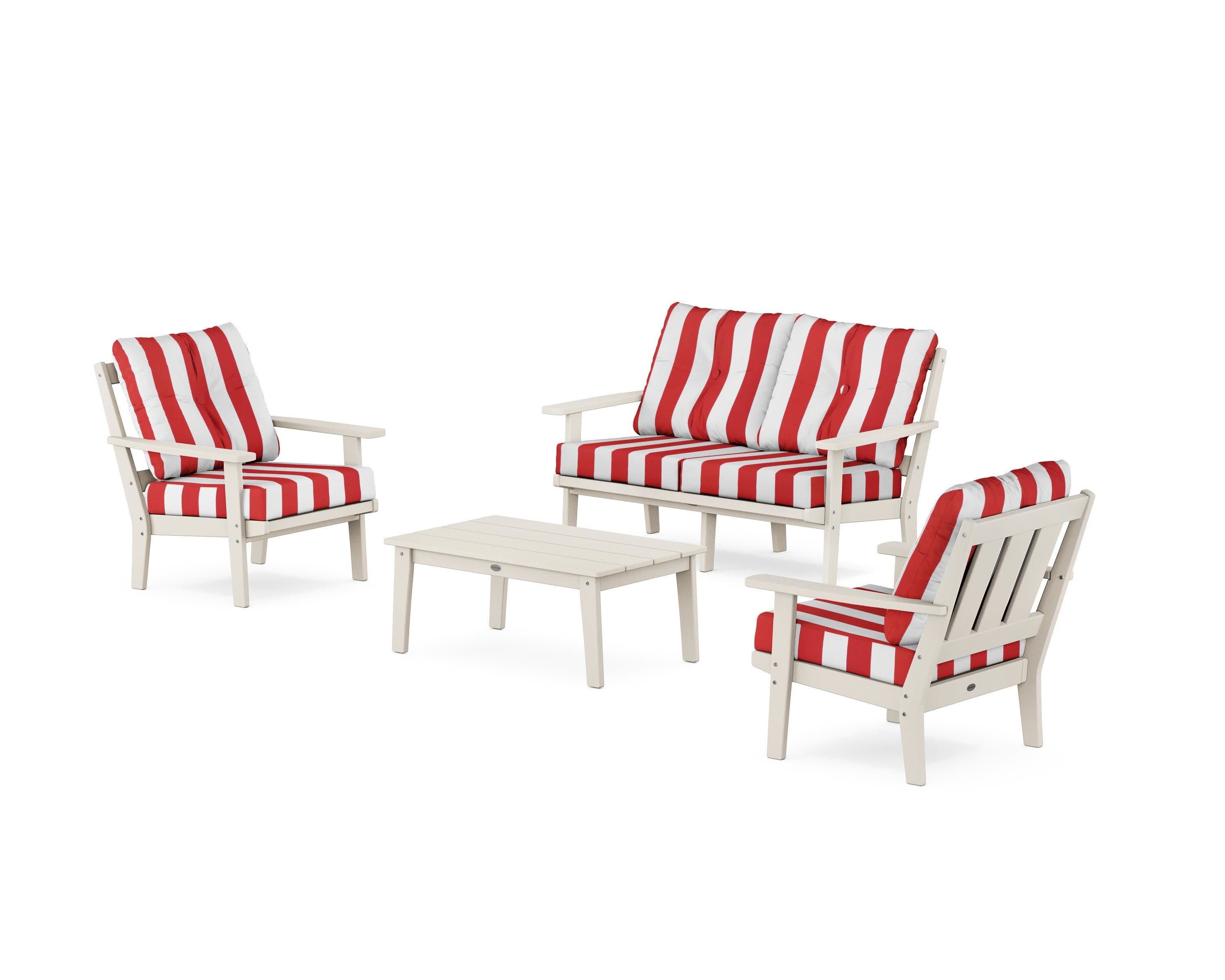Oxford 4-Piece Deep Seating Set with Loveseat in Sand / Cabana Stripe Crimson