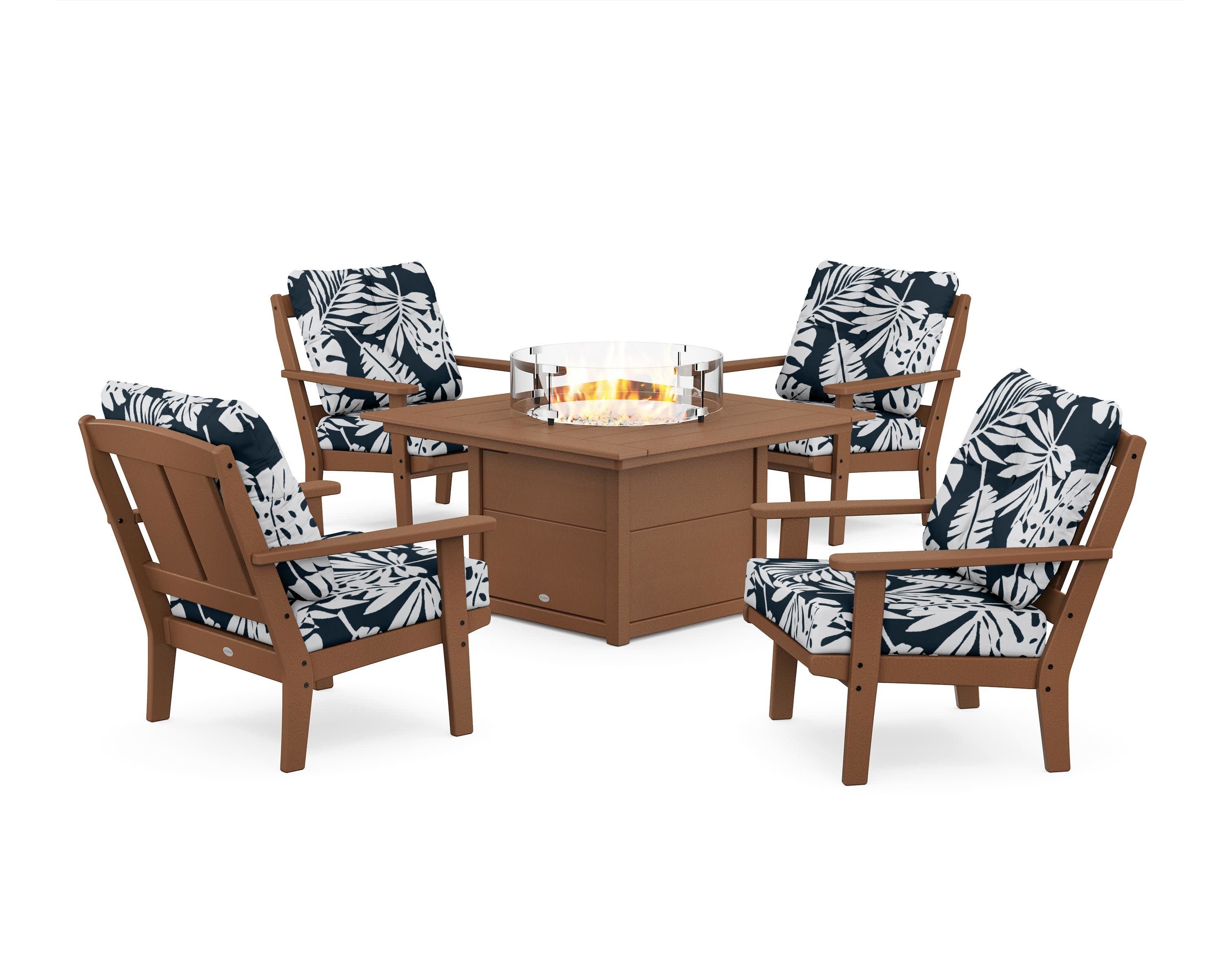 Mission 5-Piece Deep Seating Set with Fire Pit Table in Teak / Leaf Marine Indigo