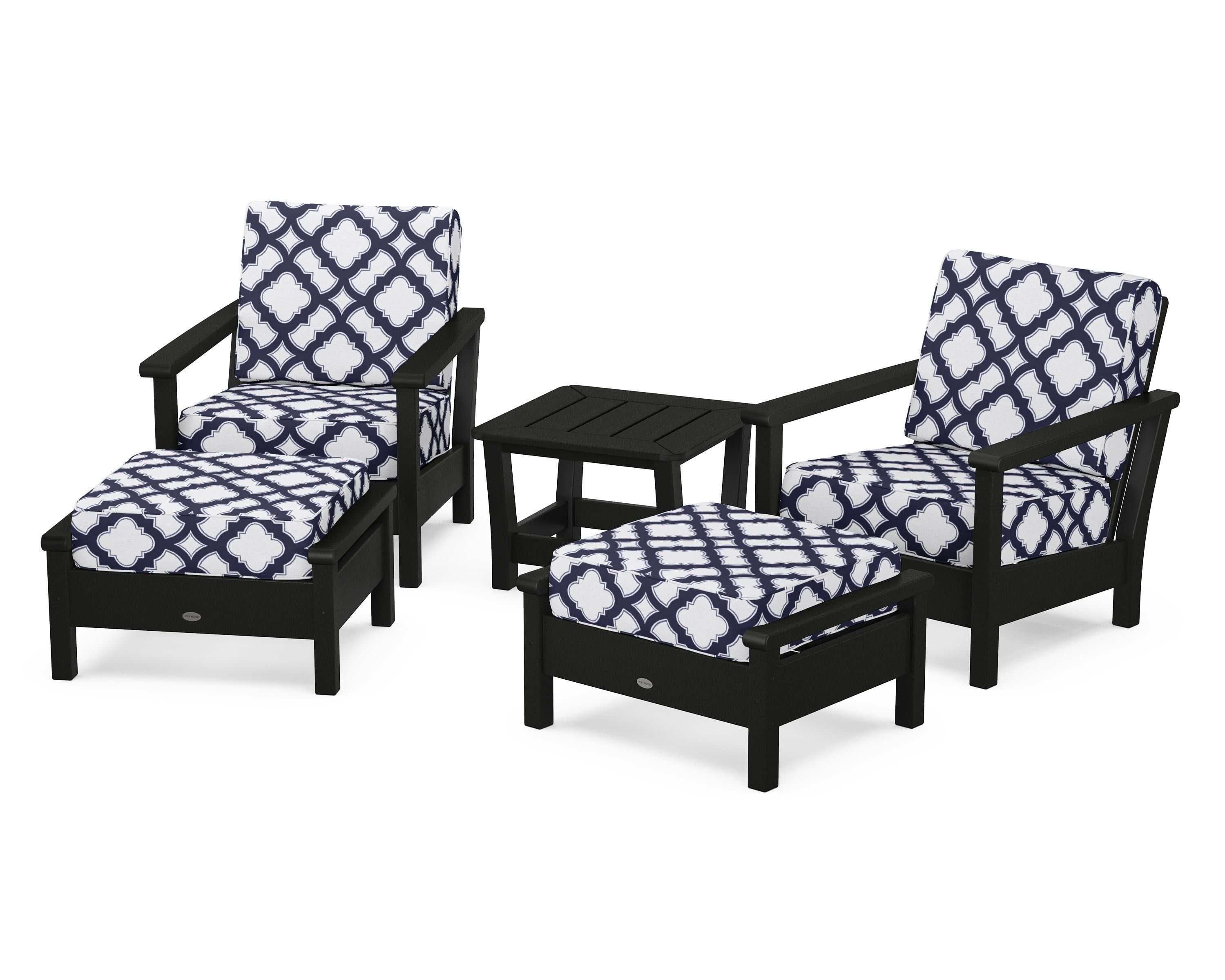 Harbour 5-Piece Deep Seating Chair Set in Black / Trellis Navy