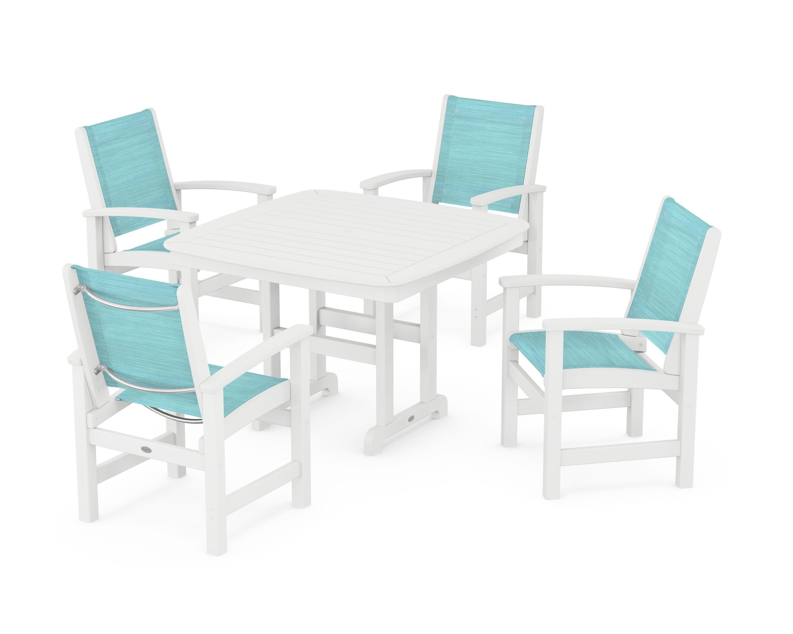 Coastal 5-Piece Dining Set in White / Dupioni Aquamarine Sling