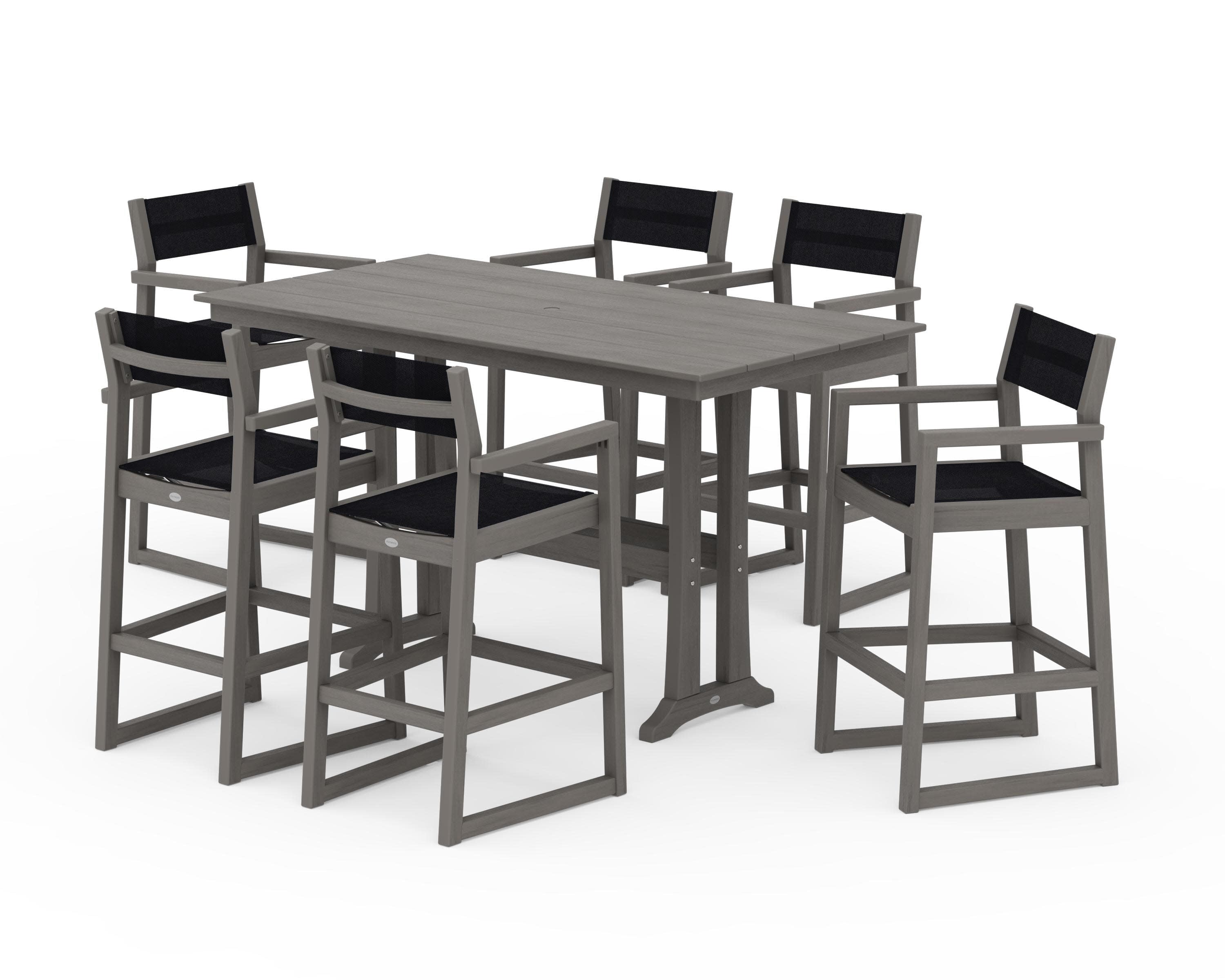 EDGE Sling Arm Chair 7-Piece Farmhouse Bar Set with Trestle Legs in Driftwood / Black Sling
