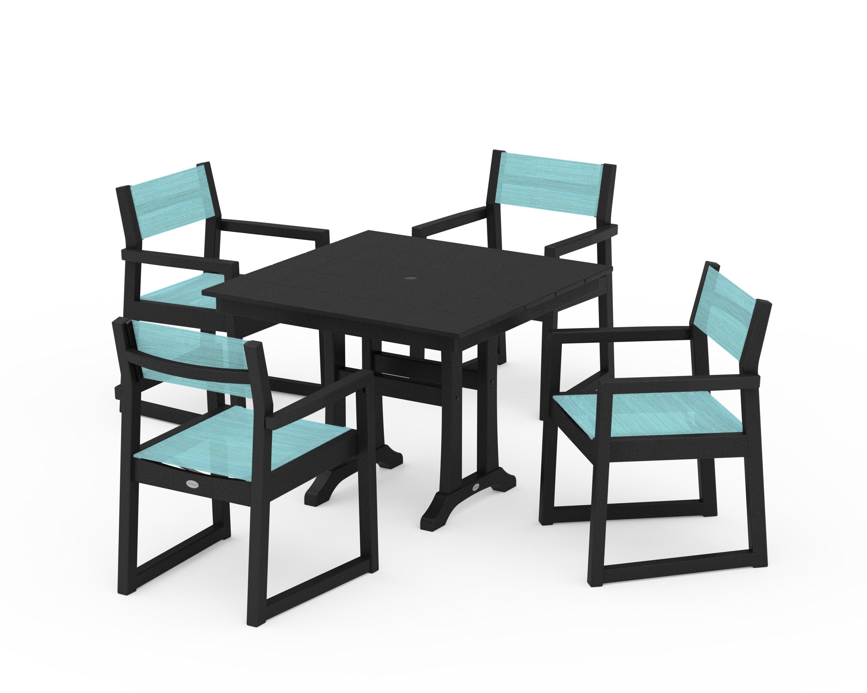 EDGE Sling 5-Piece Farmhouse Dining Set with Trestle Legs in Black / Dupioni Aquamarine Sling