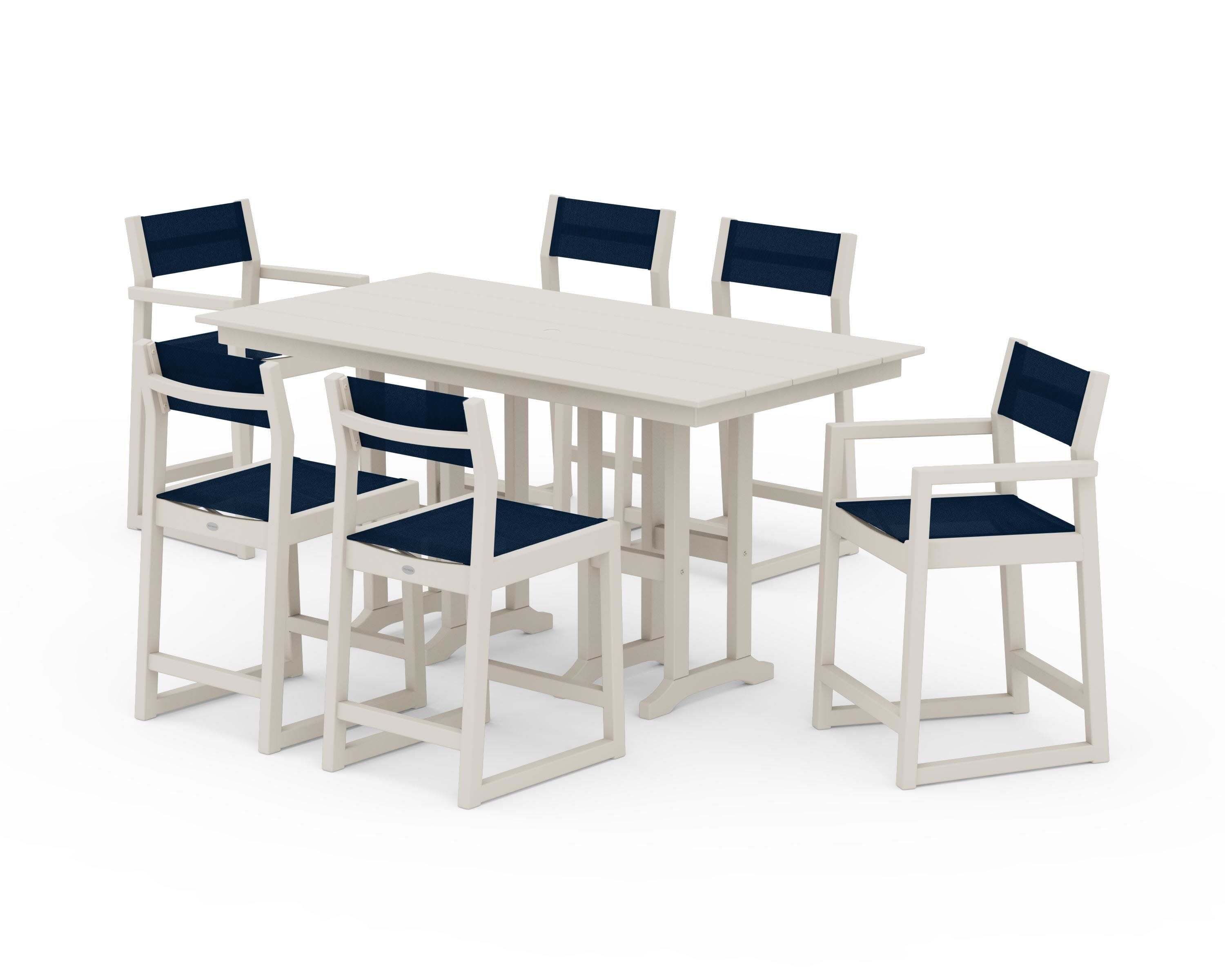 EDGE Sling 7-Piece Farmhouse Counter Set with Trestle Legs in Sand / Navy Blue Sling