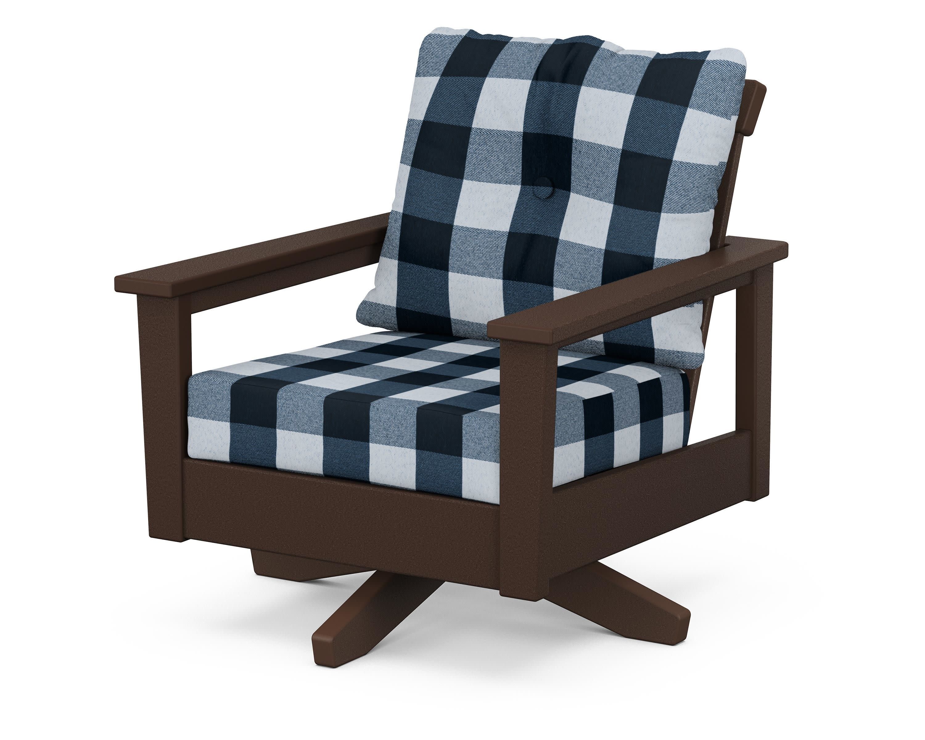Prescott Deep Seating Swivel Chair in Mahogany / Buffalo Plaid Marine Indigo