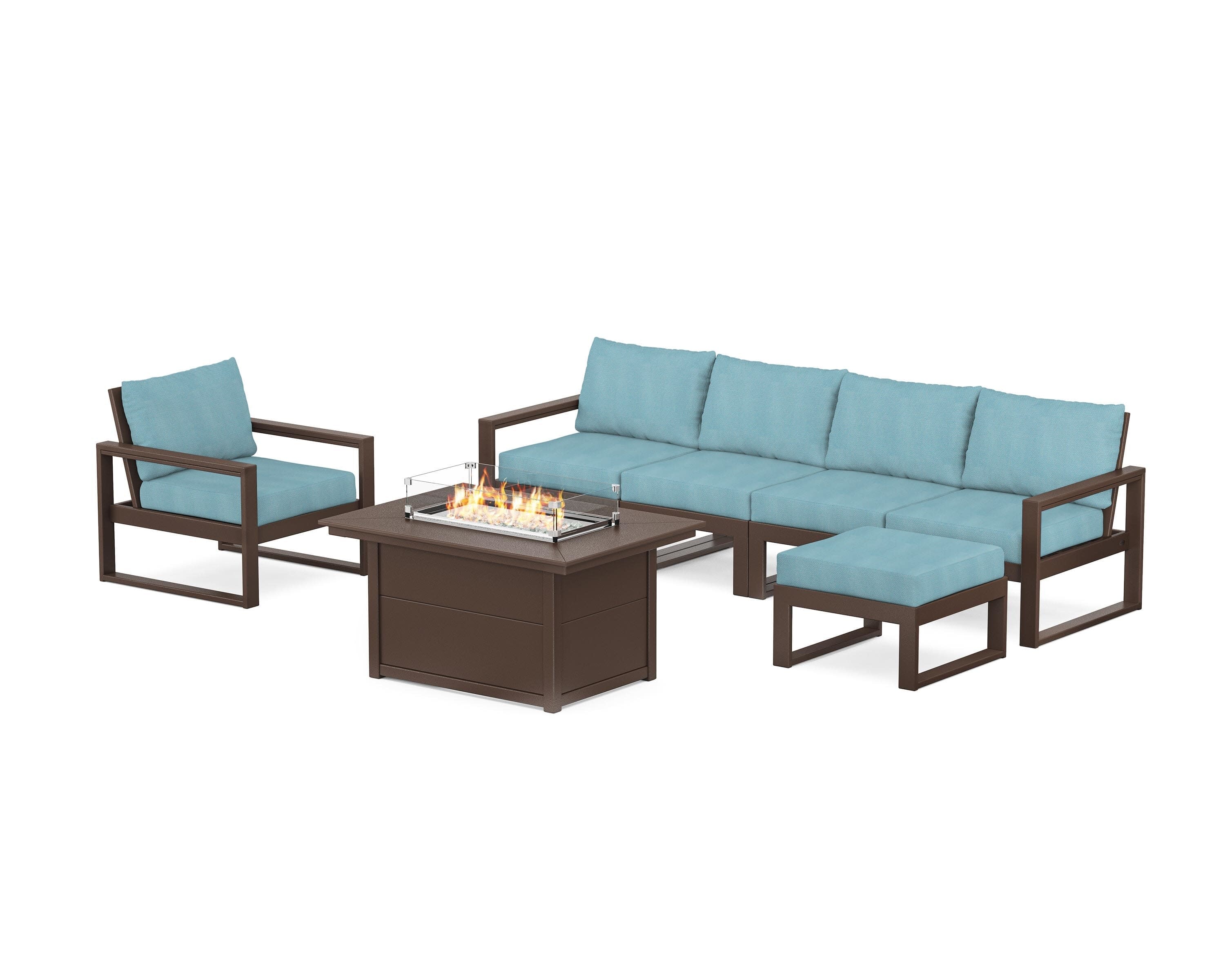 EDGE Sectional Lounge and Fire Pit Set in Mahogany / Lattice Sky Blue