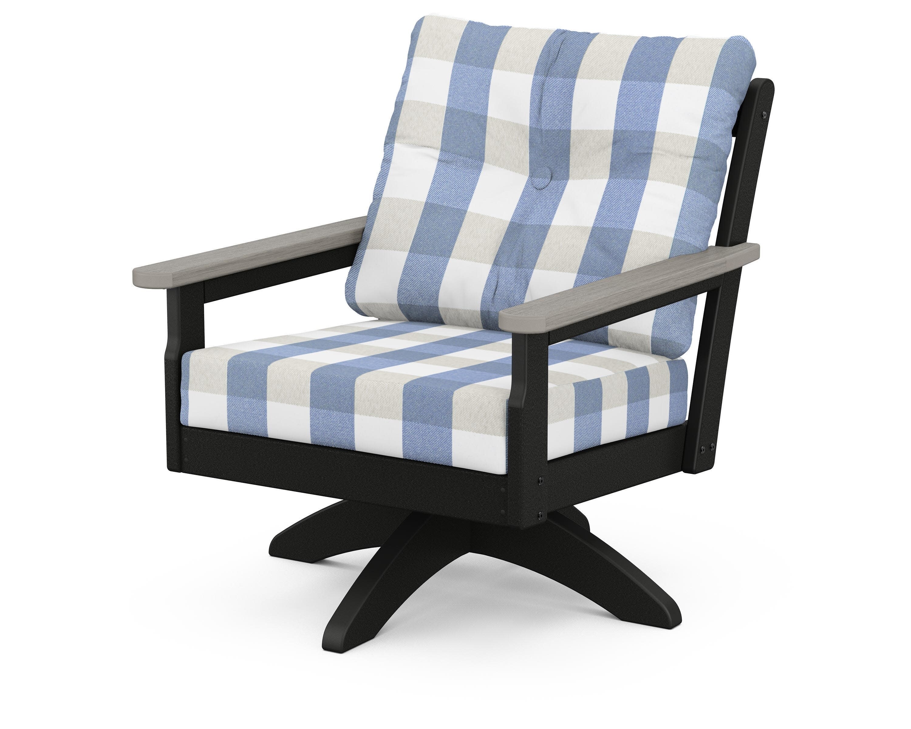 Vineyard Deep Seating Swivel Chair in Black / Driftwood / Buffalo Plaid Sky Blue