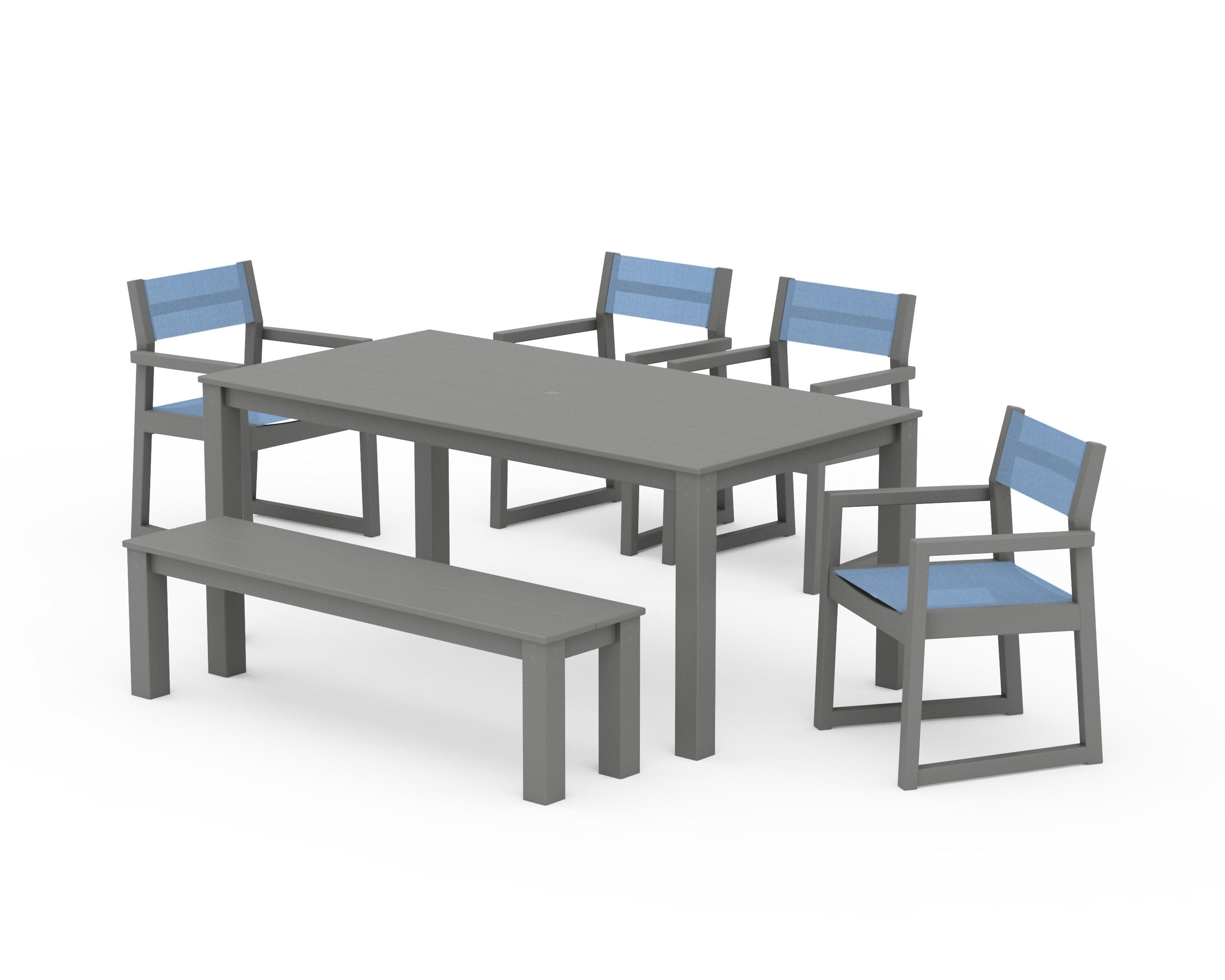 EDGE Sling Arm Chair 6-Piece Parsons Dining Set with Bench in Slate Grey / Poolside Sling