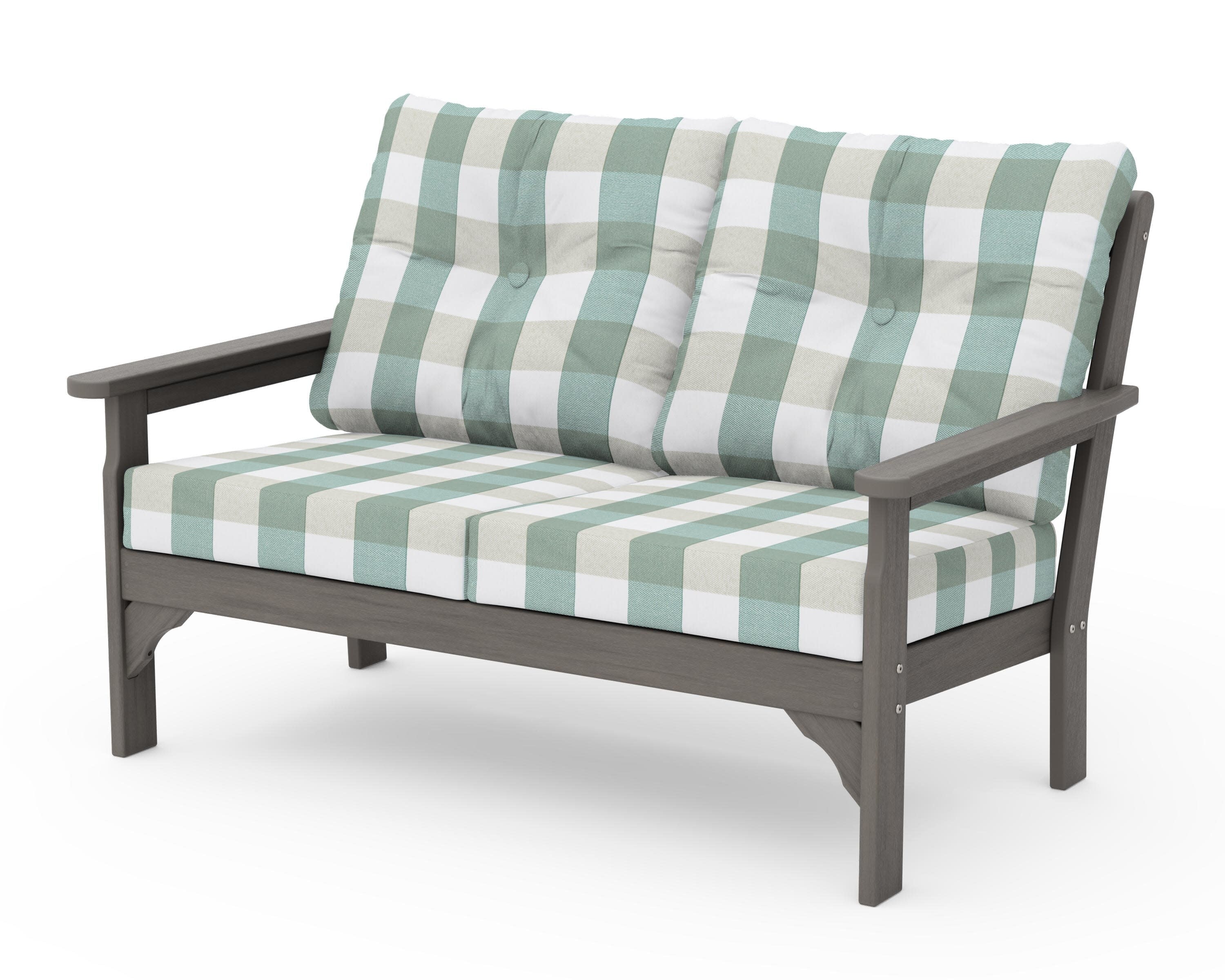 Vineyard Deep Seating Loveseat in Driftwood / Buffalo Plaid Glacier Spa