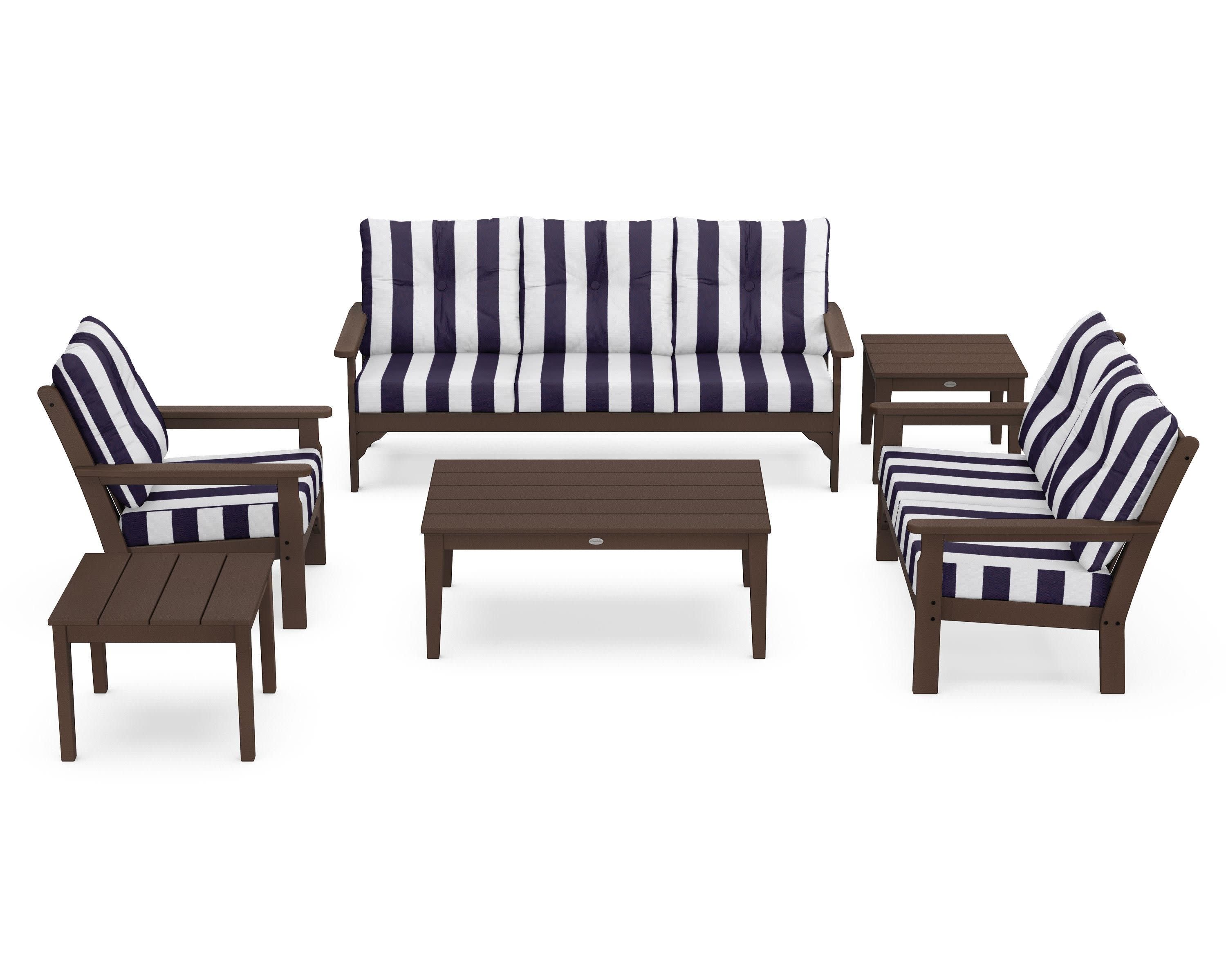 Vineyard 6-Piece Deep Seating Set in Mahogany / Cabana Stripe Navy