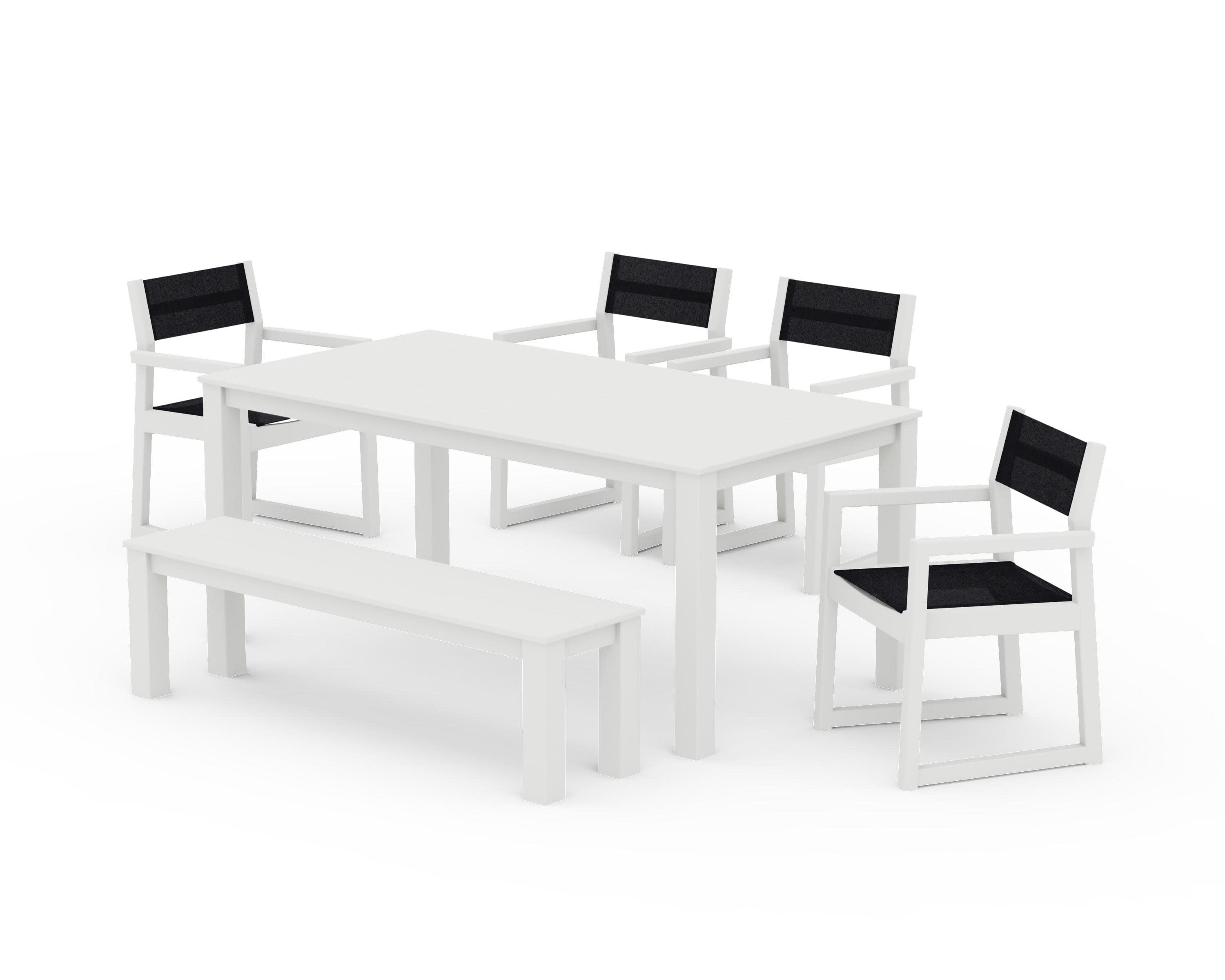 EDGE Sling Arm Chair 6-Piece Parsons Dining Set with Bench in Vintage White / Black Sling