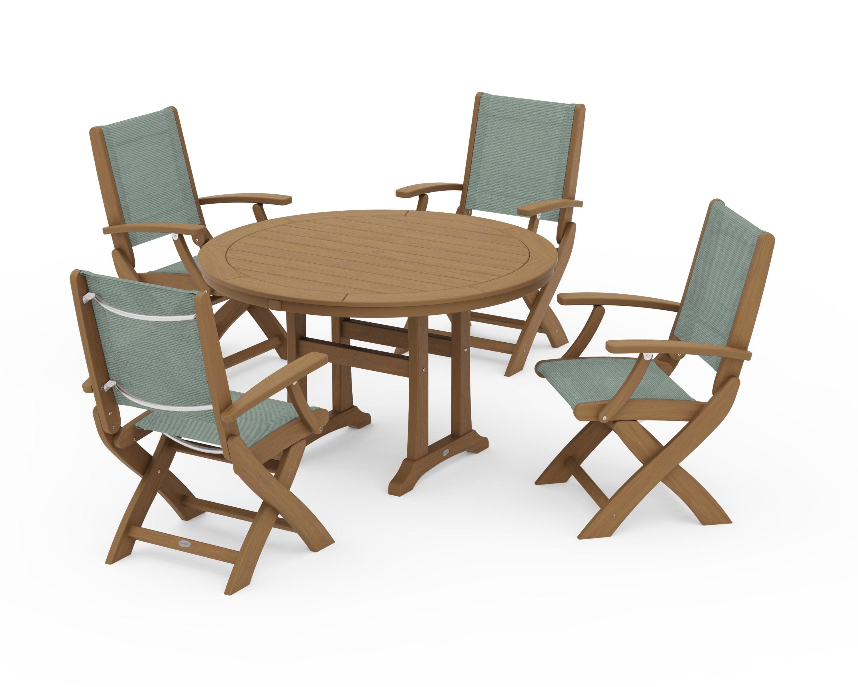 Coastal Folding Chair 5-Piece Round Dining Set with Trestle Legs in Natural / Dupioni Sea Mist Sling