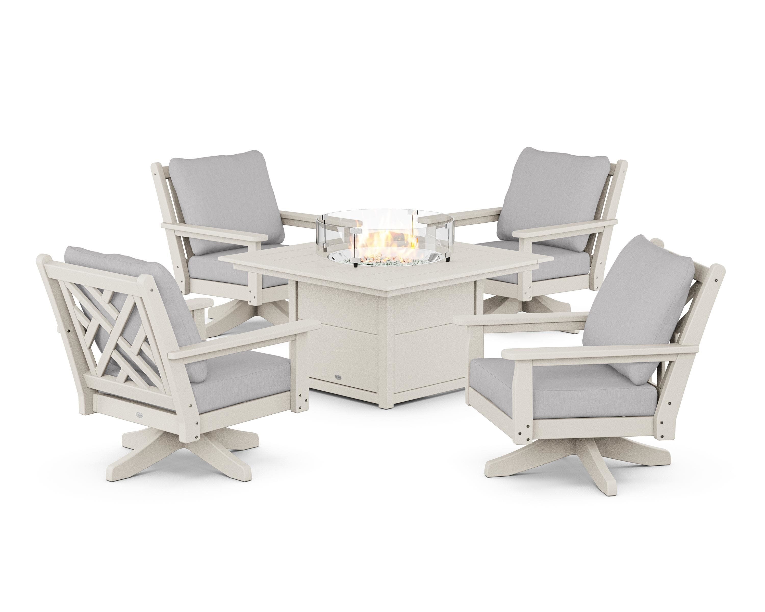 Chippendale 5-Piece Deep Seating Swivel Conversation Set with Fire Pit Table in Sand / Granite