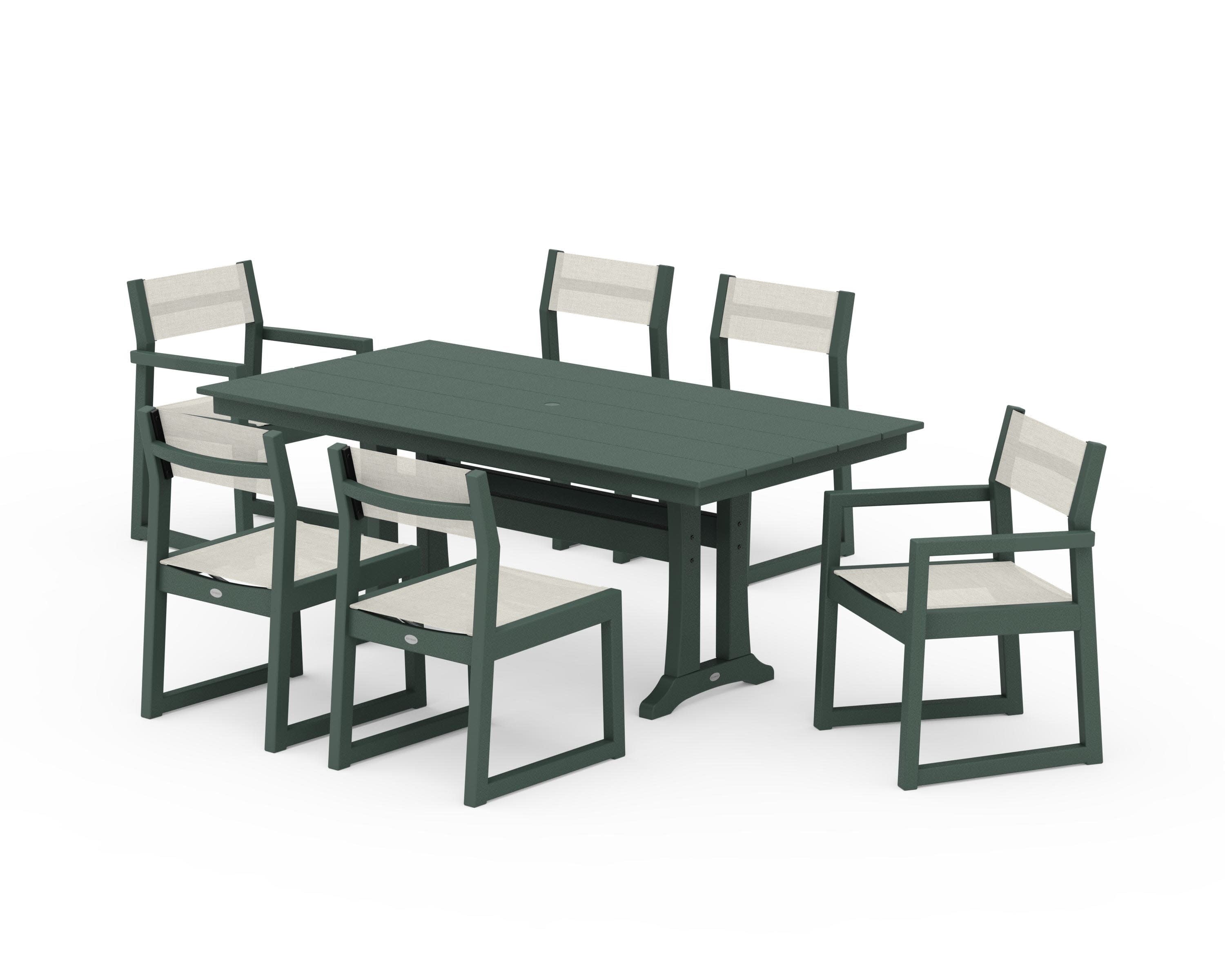EDGE Sling 7-Piece Farmhouse Trestle Dining Set in Green / Parchment Sling