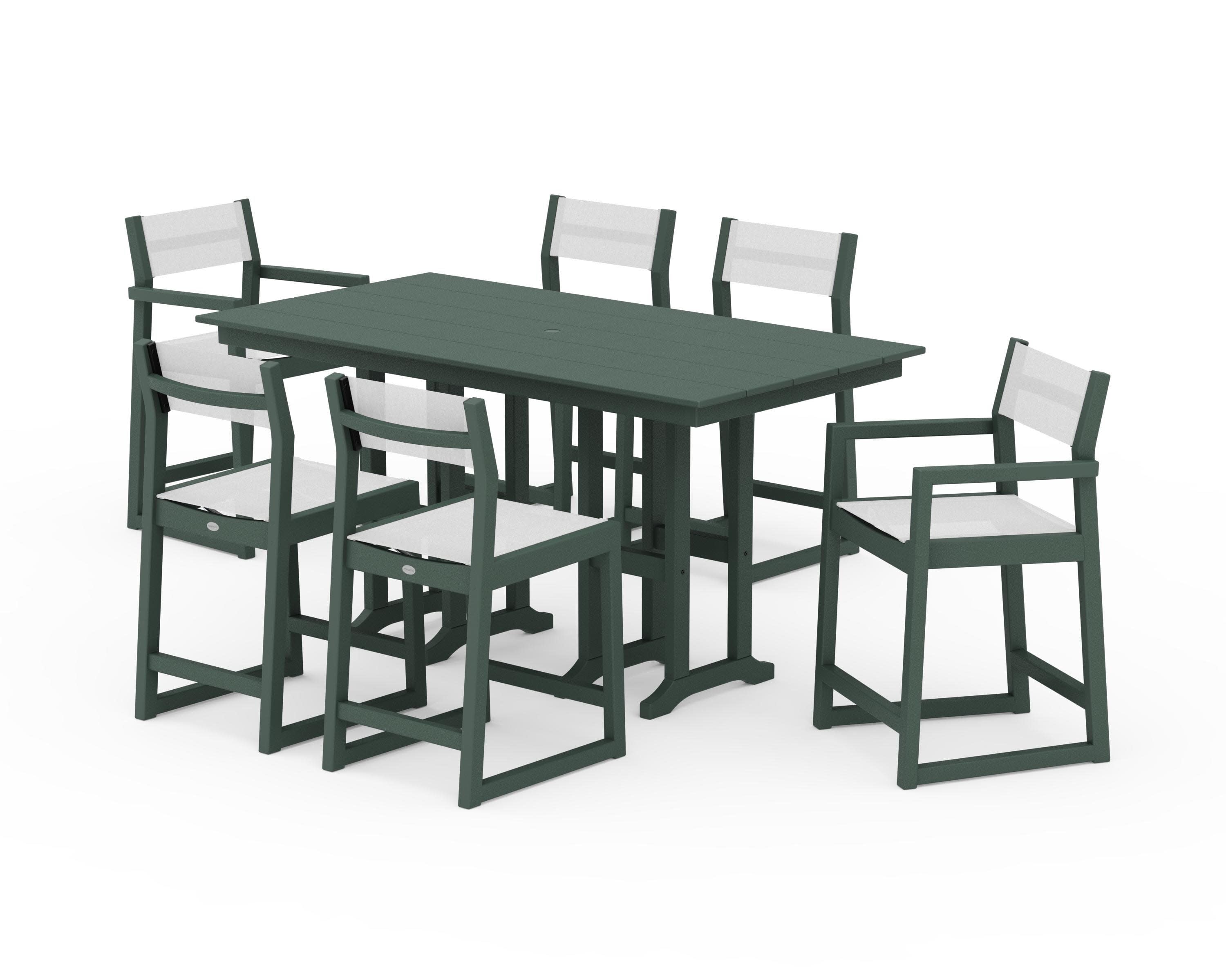 EDGE Sling 7-Piece Farmhouse Counter Set with Trestle Legs in Green / White Sling