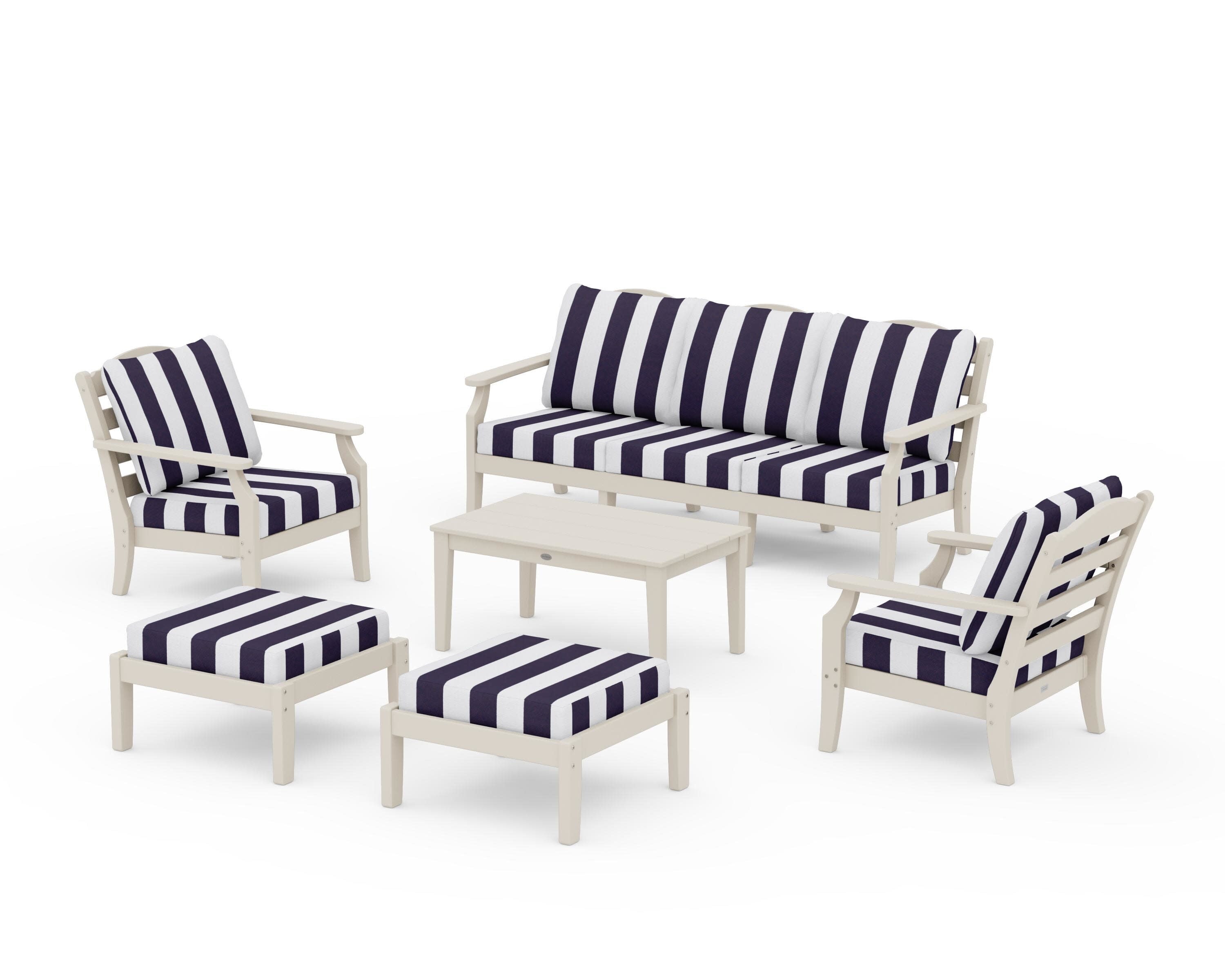 Savannah 6-Piece Lounge Sofa Set in Sand / Cabana Stripe Navy