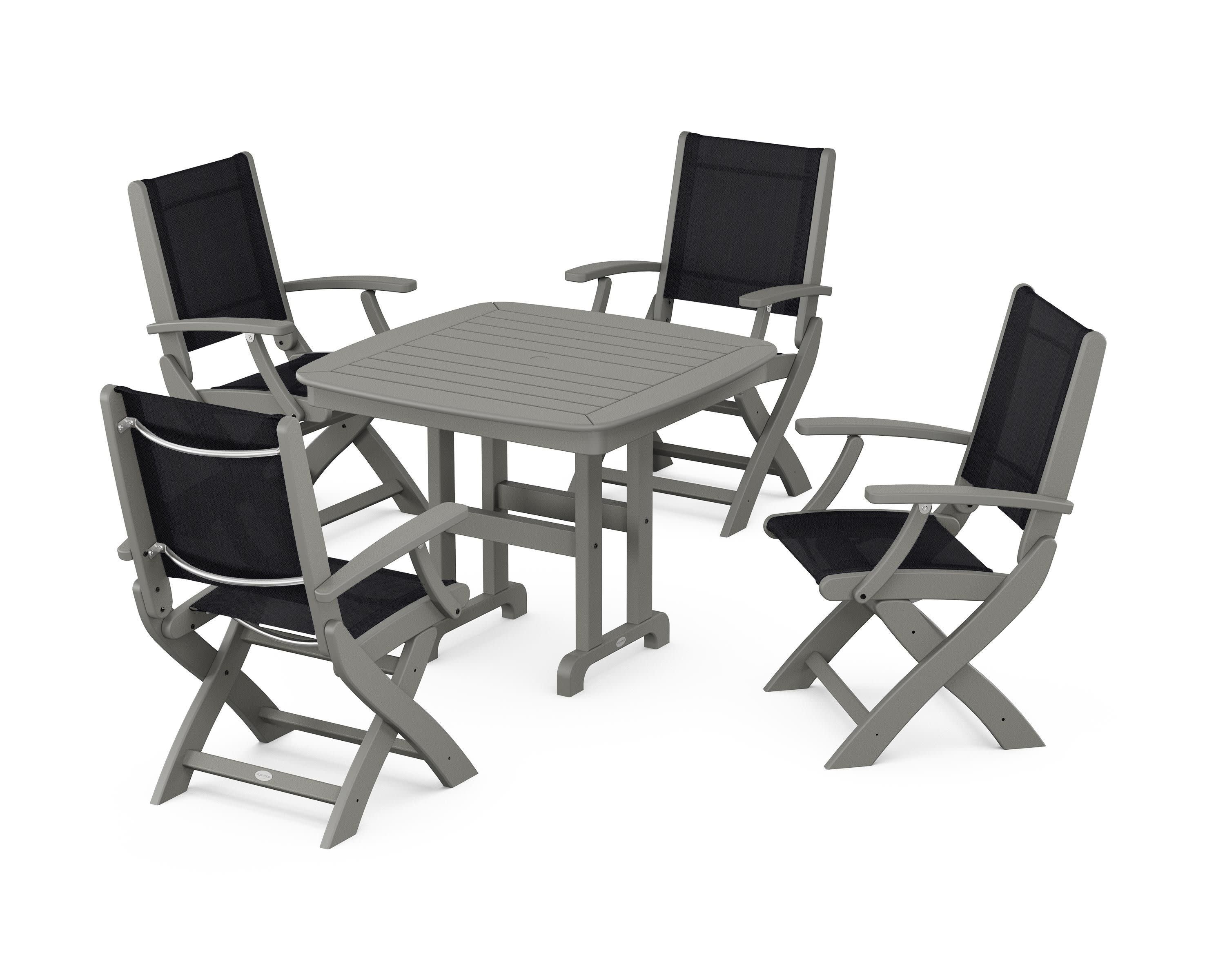Coastal Folding Chair 5-Piece Dining Set in Slate Grey / Black Sling