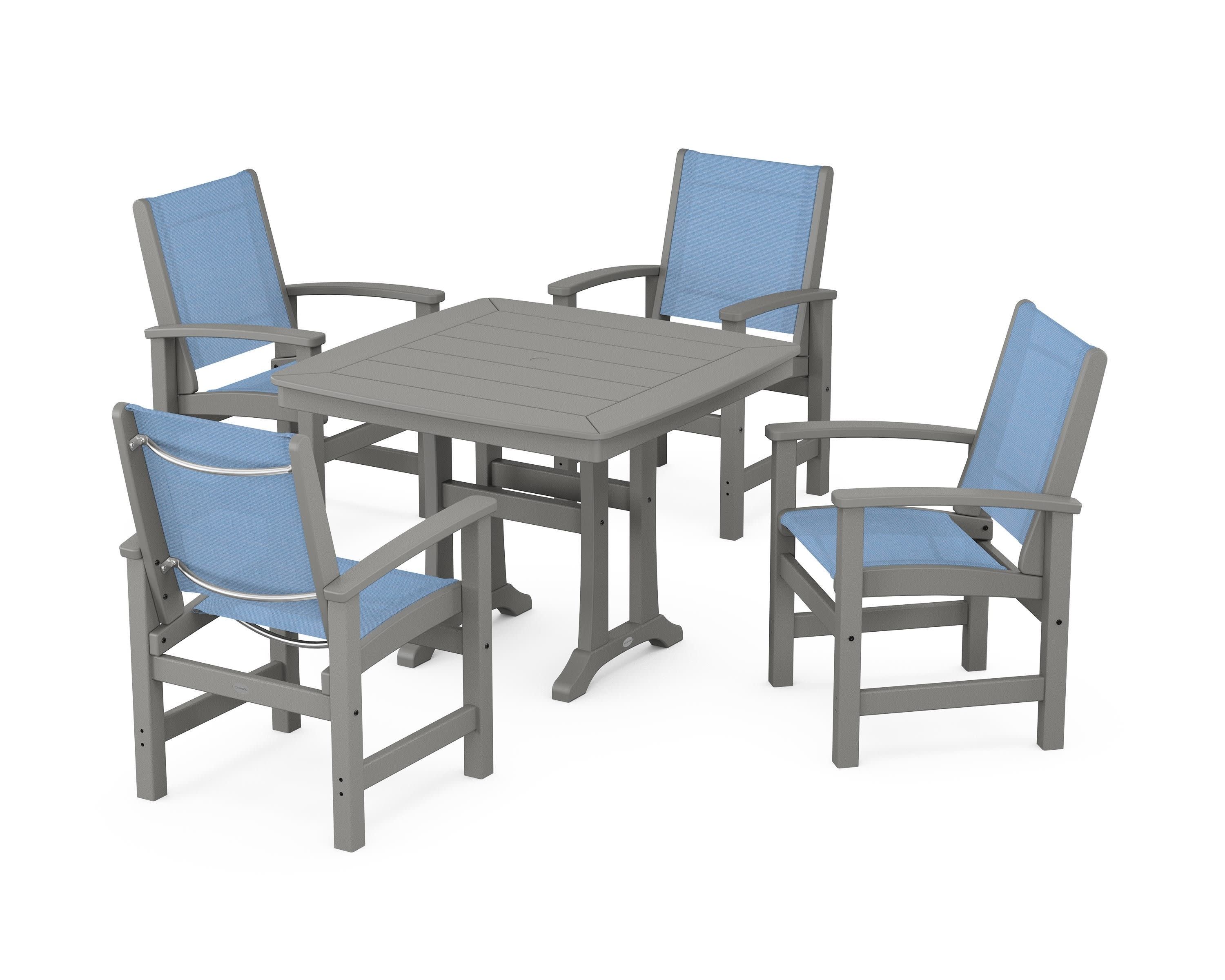 Coastal 5-Piece Dining Set with Trestle Legs in Slate Grey / Poolside Sling
