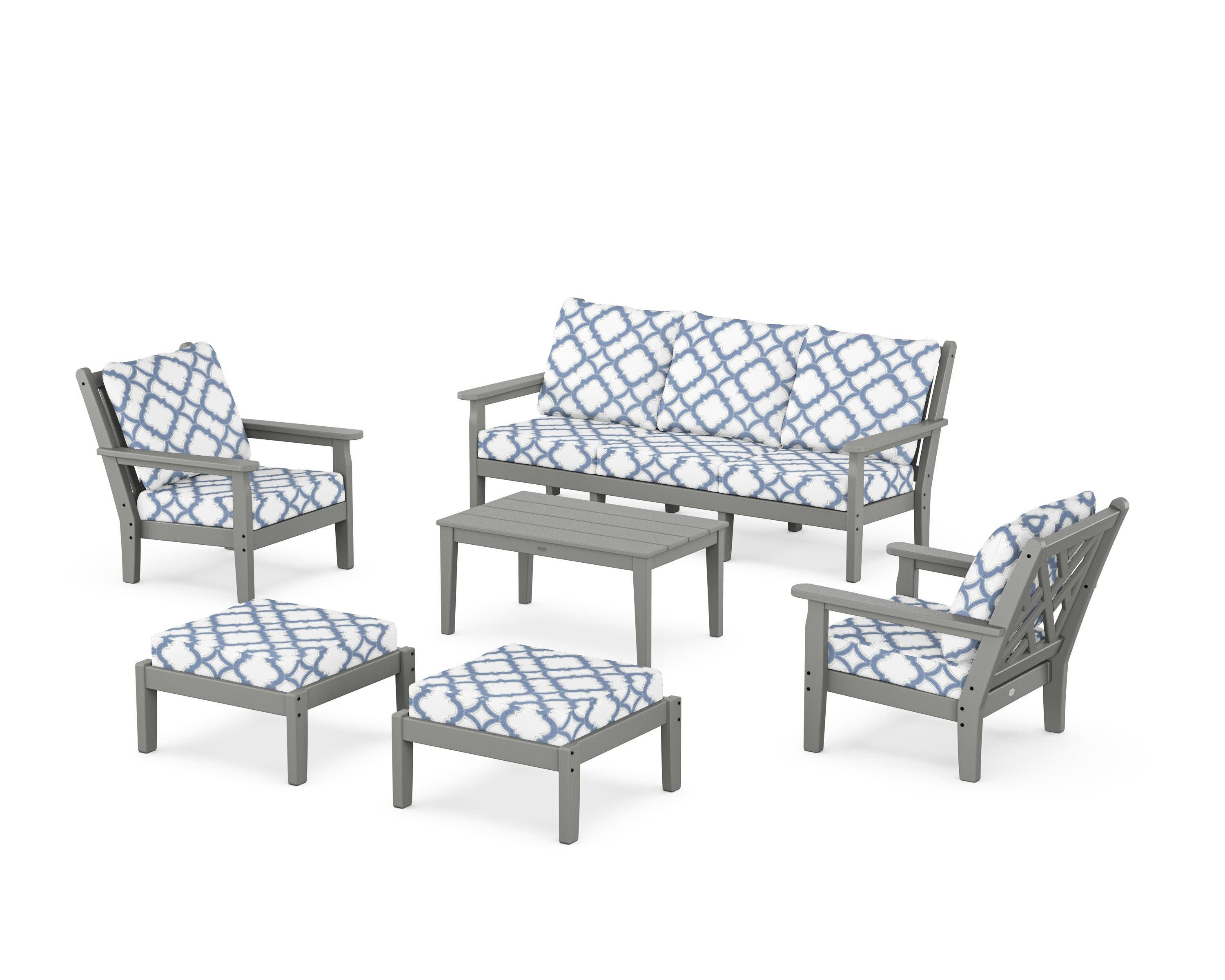 Chippendale 6-Piece Lounge Sofa Set in Slate Grey / Trellis Sky Blue