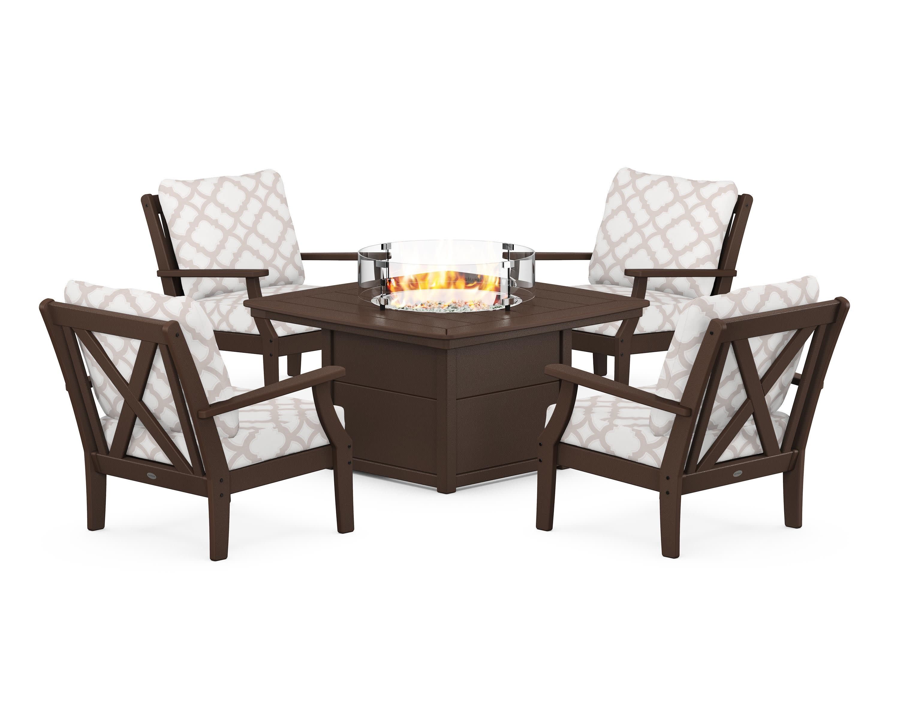 Braxton 5-Piece Deep Seating Conversation Set with Fire Pit Table in Mahogany / Trellis Dune Burlap