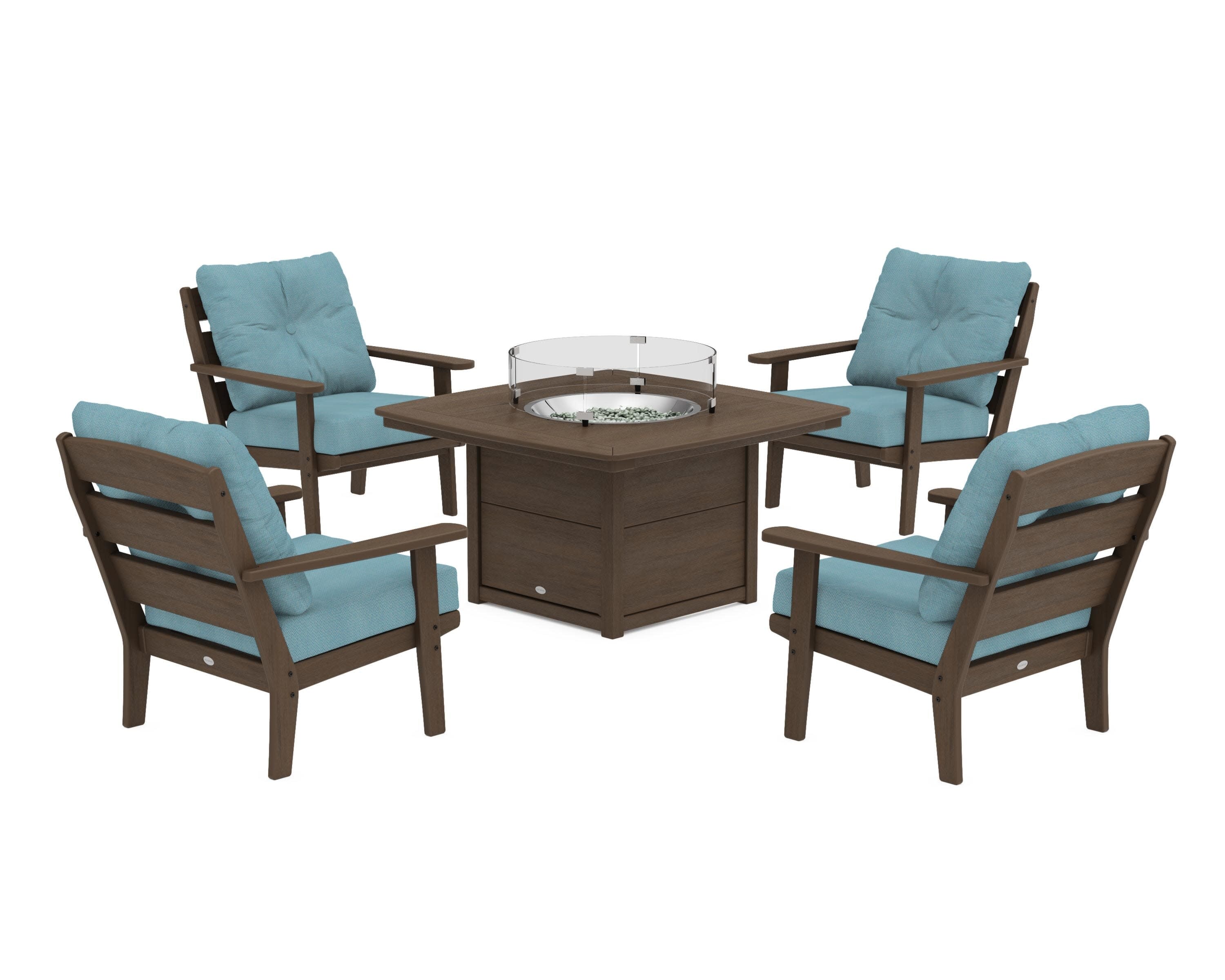 Lakeside 5-Piece Deep Seating Set with Nautical Fire Pit Table in Kona / Lattice Sky Blue