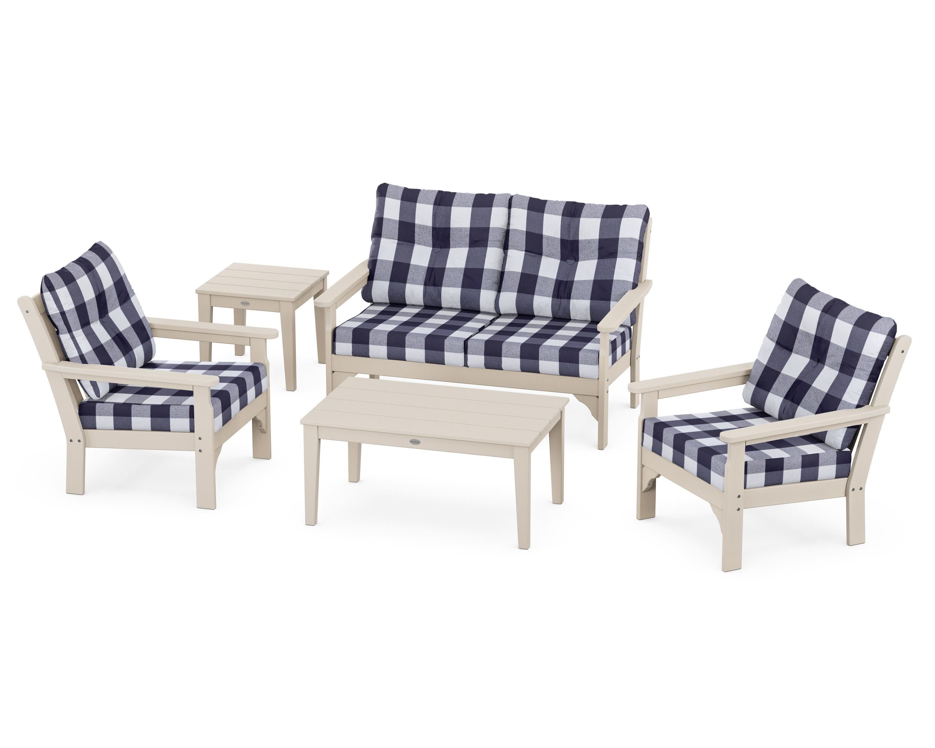 Vineyard 5-Piece Deep Seating Set in Sand / Buffalo Plaid Navy