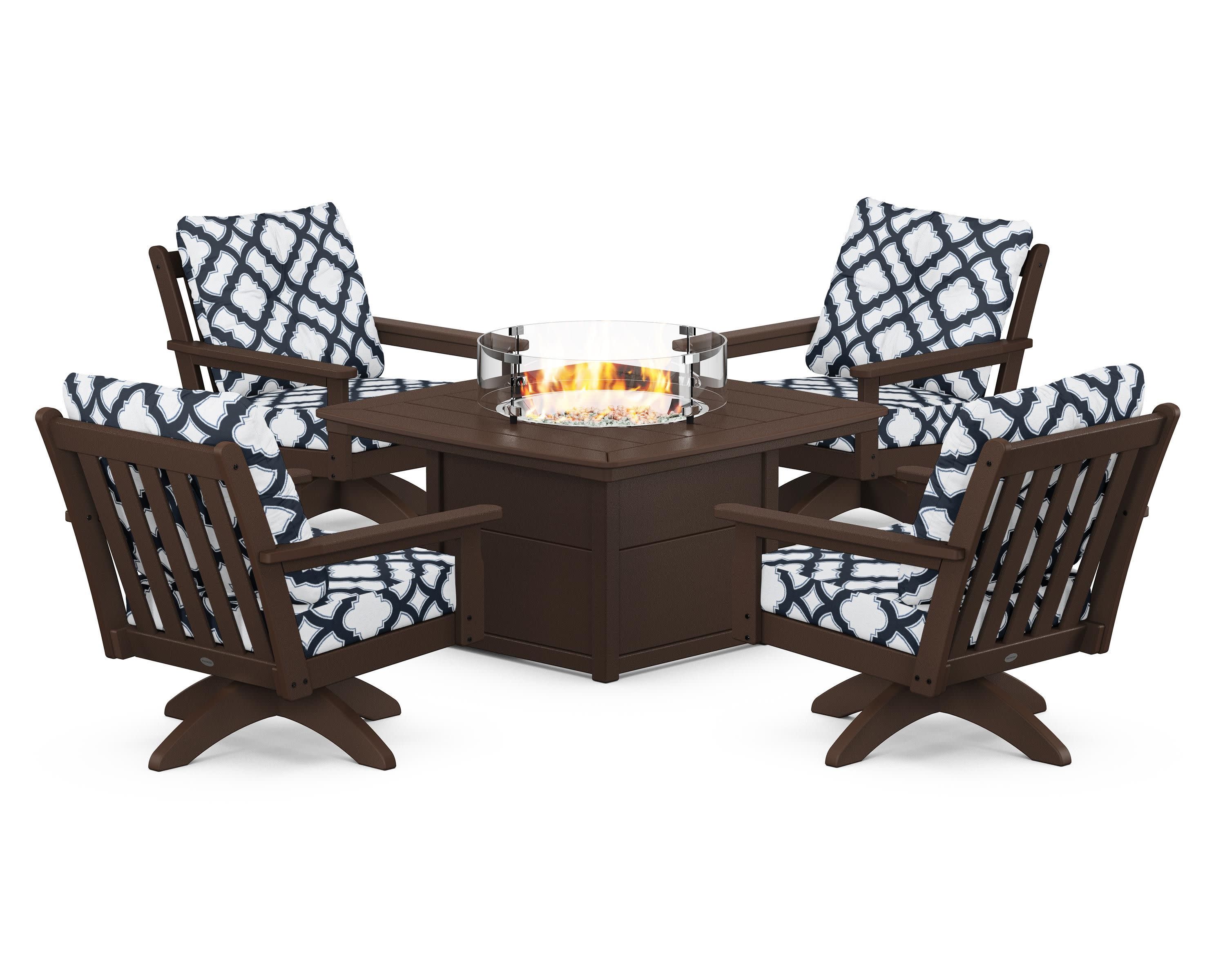 Vineyard 5-Piece Deep Seating Swivel Conversation Set with Fire Pit Table in Mahogany / Trellis Marine Indigo