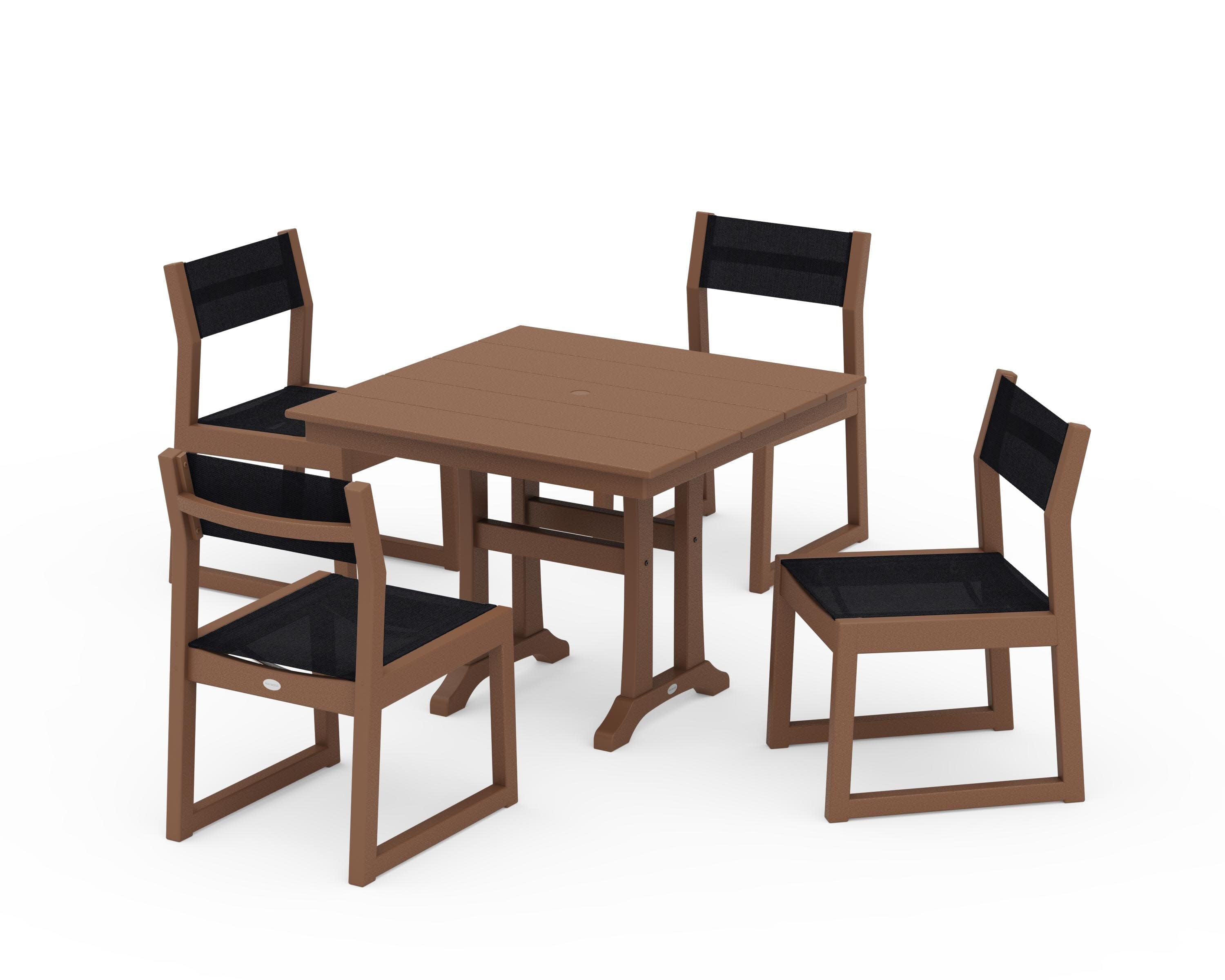 EDGE Sling 5-Piece Farmhouse Trestle Side Chair Dining Set in Teak / Black Sling