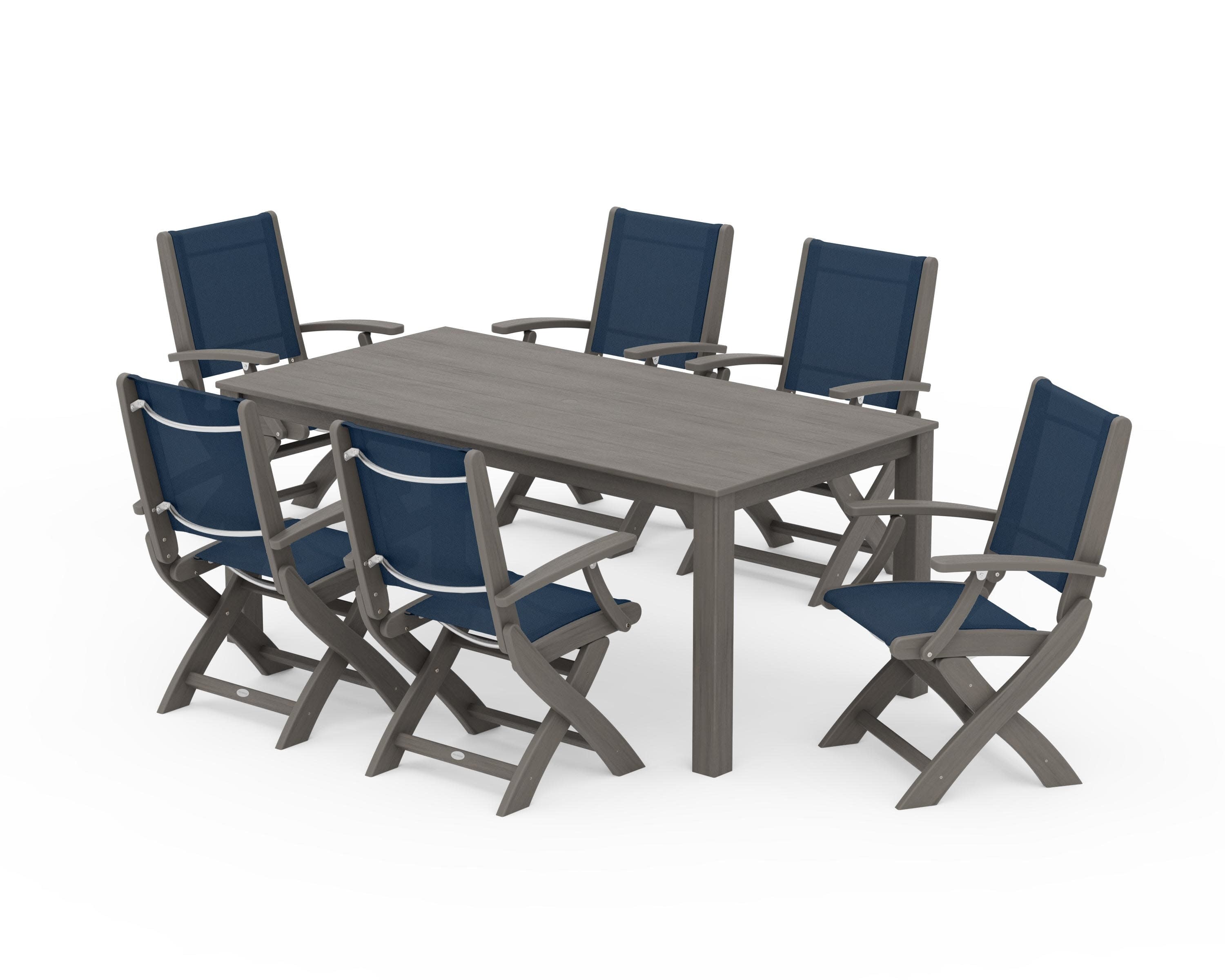 Coastal Folding Chair 7-Piece Parsons Dining Set in Driftwood / Navy Blue Sling