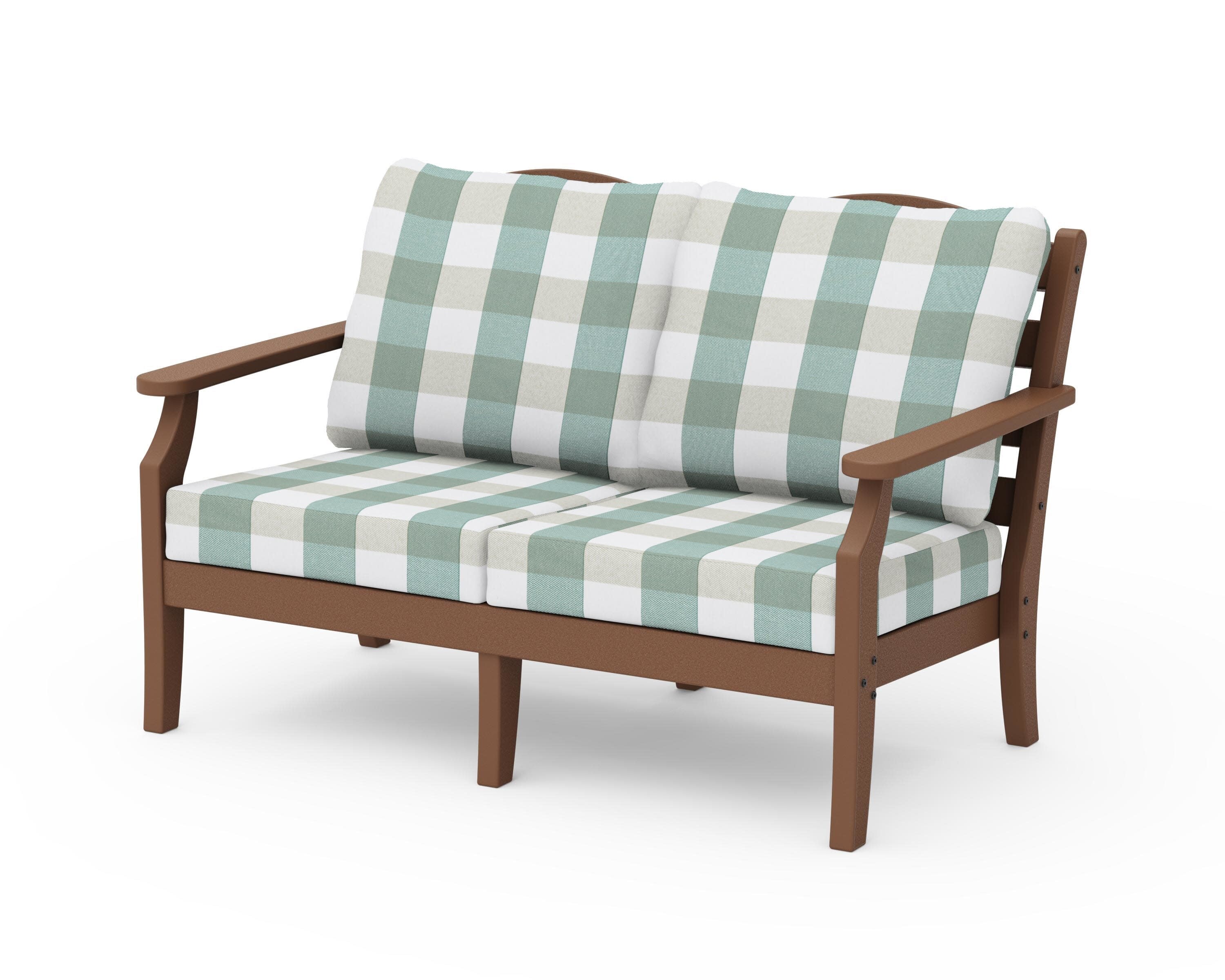 Savannah Deep Seating Loveseat in Teak / Buffalo Plaid Glacier Spa