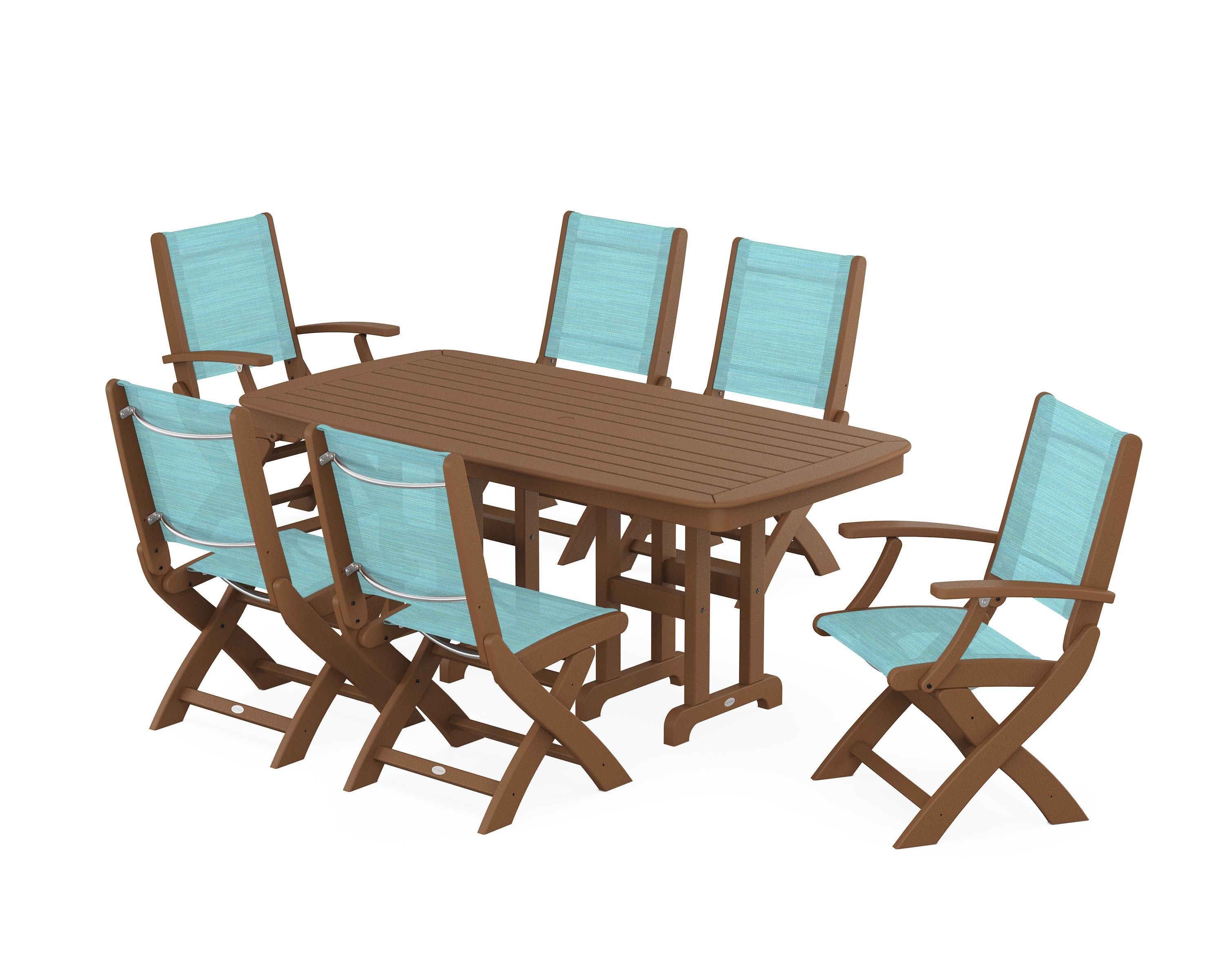 Coastal Folding Chair 7-Piece Dining Set in Teak / Dupioni Aquamarine Sling