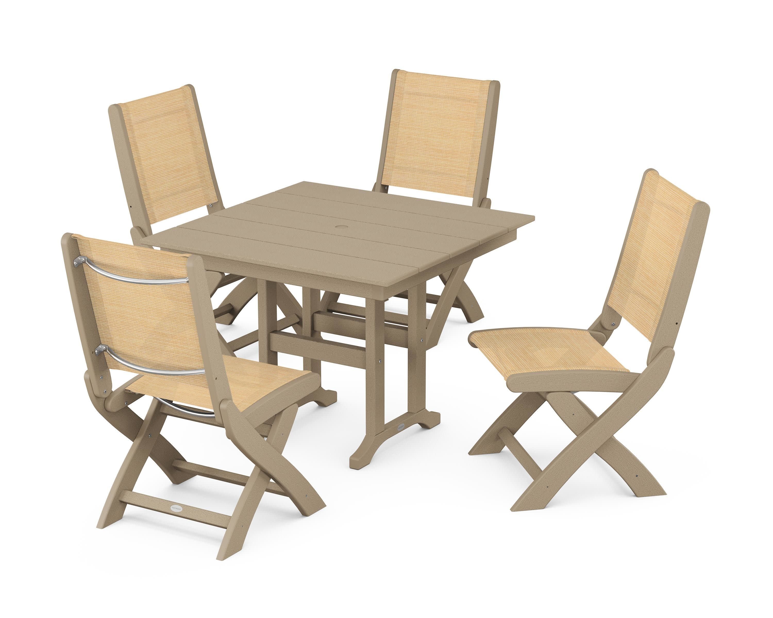 Coastal Folding Side Chair 5-Piece Farmhouse Dining Set in Vintage Sahara / Dupioni Apricot Sling