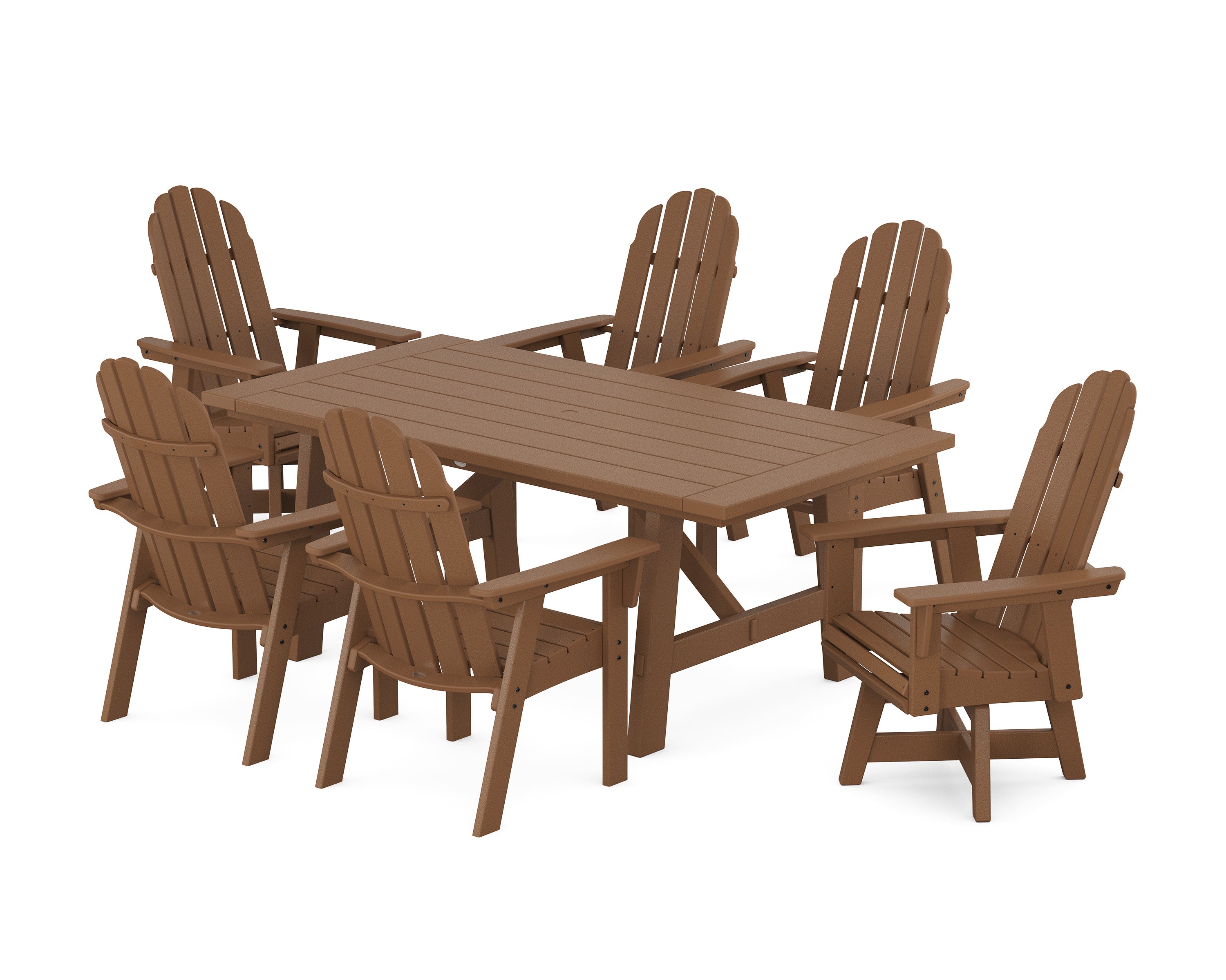 Vineyard Curveback Adirondack Swivel Chair 7-Piece Rustic Farmhouse Dining Set in Teak