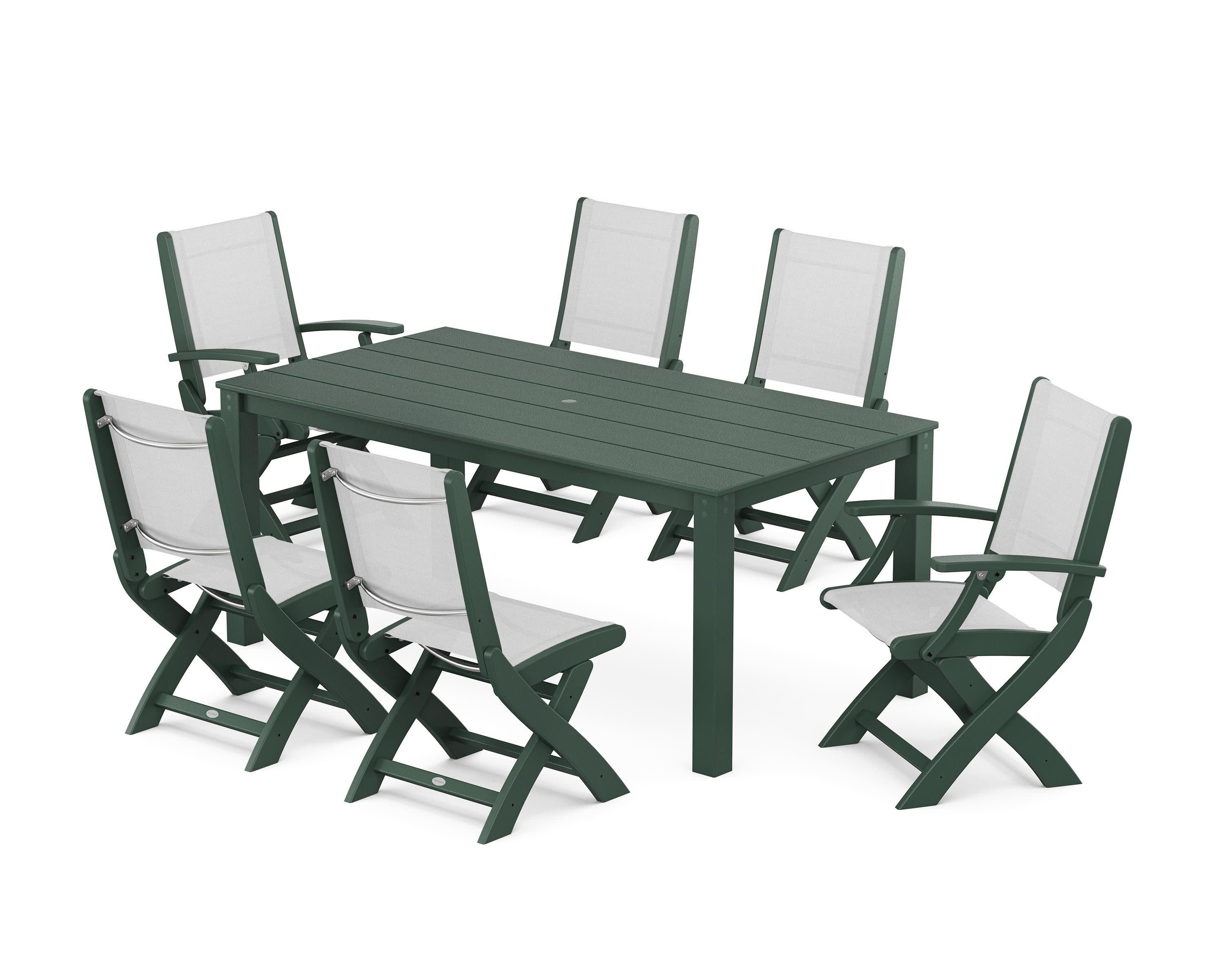 Coastal Folding Chair 7-Piece Parsons Dining Set in Green / White Sling