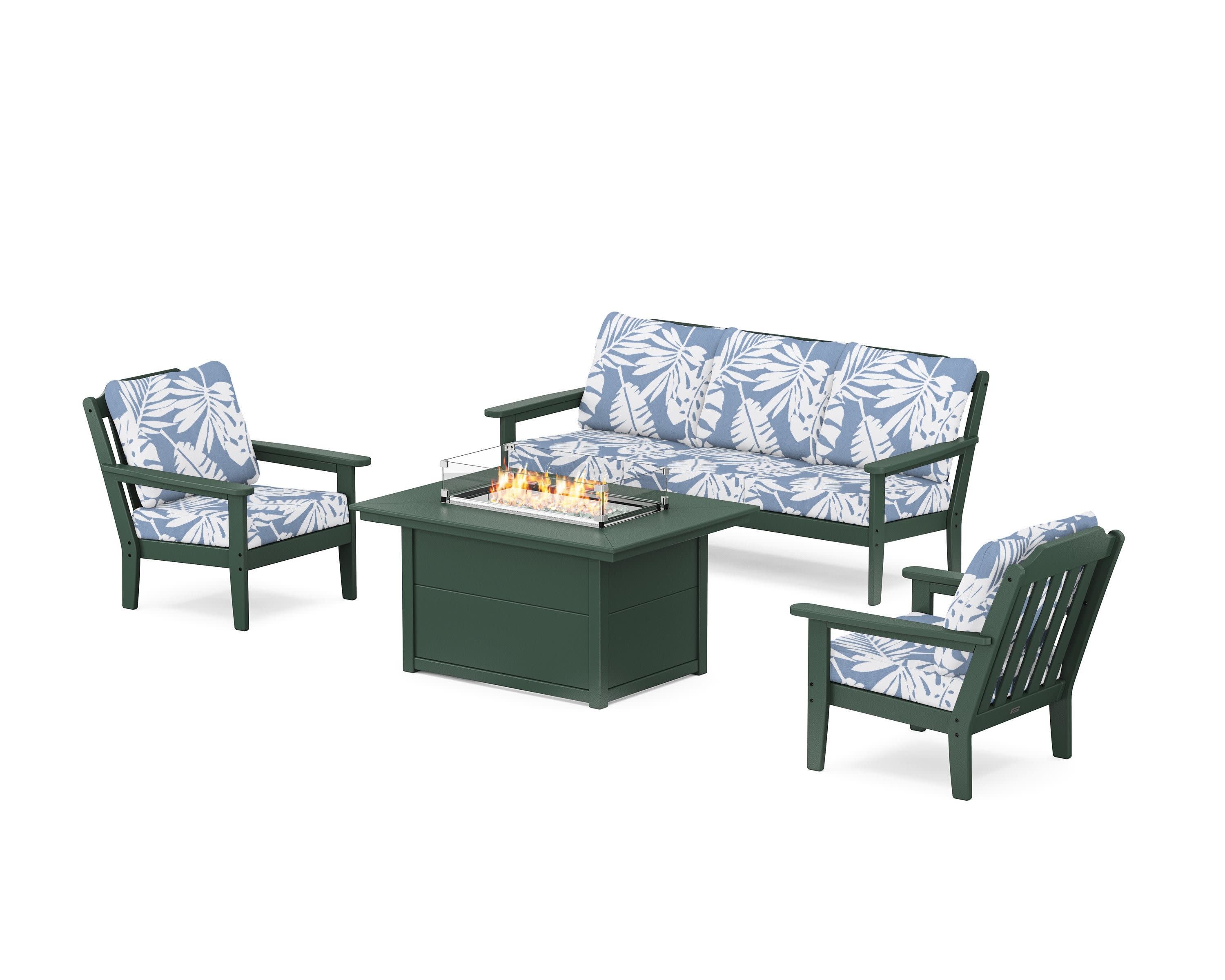 Cottage Deep Seating Fire Pit Table Set in Green / Leaf Sky Blue