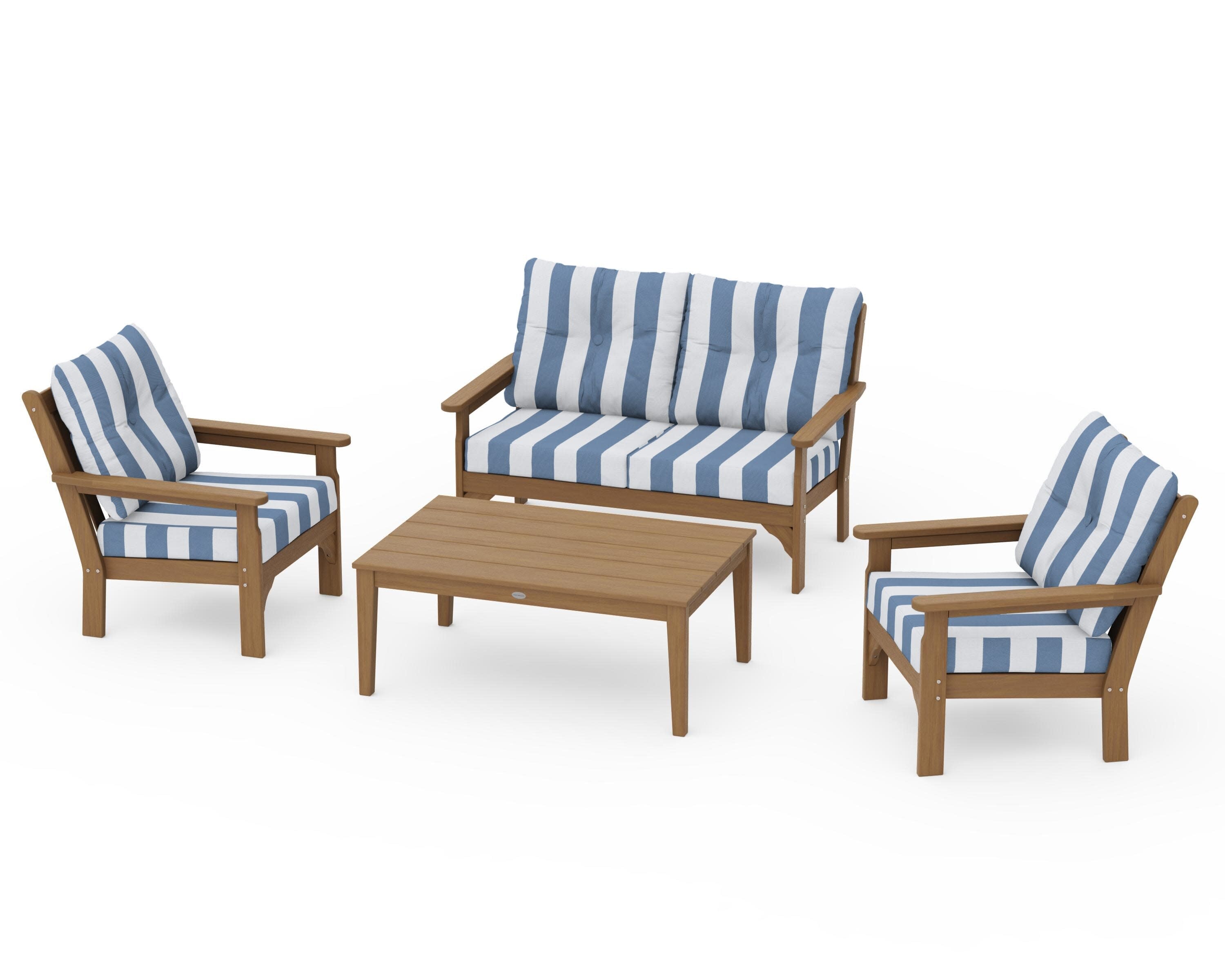 Vineyard 4-Piece Deep Seating Set in Natural / Cabana Stripe Sky Blue