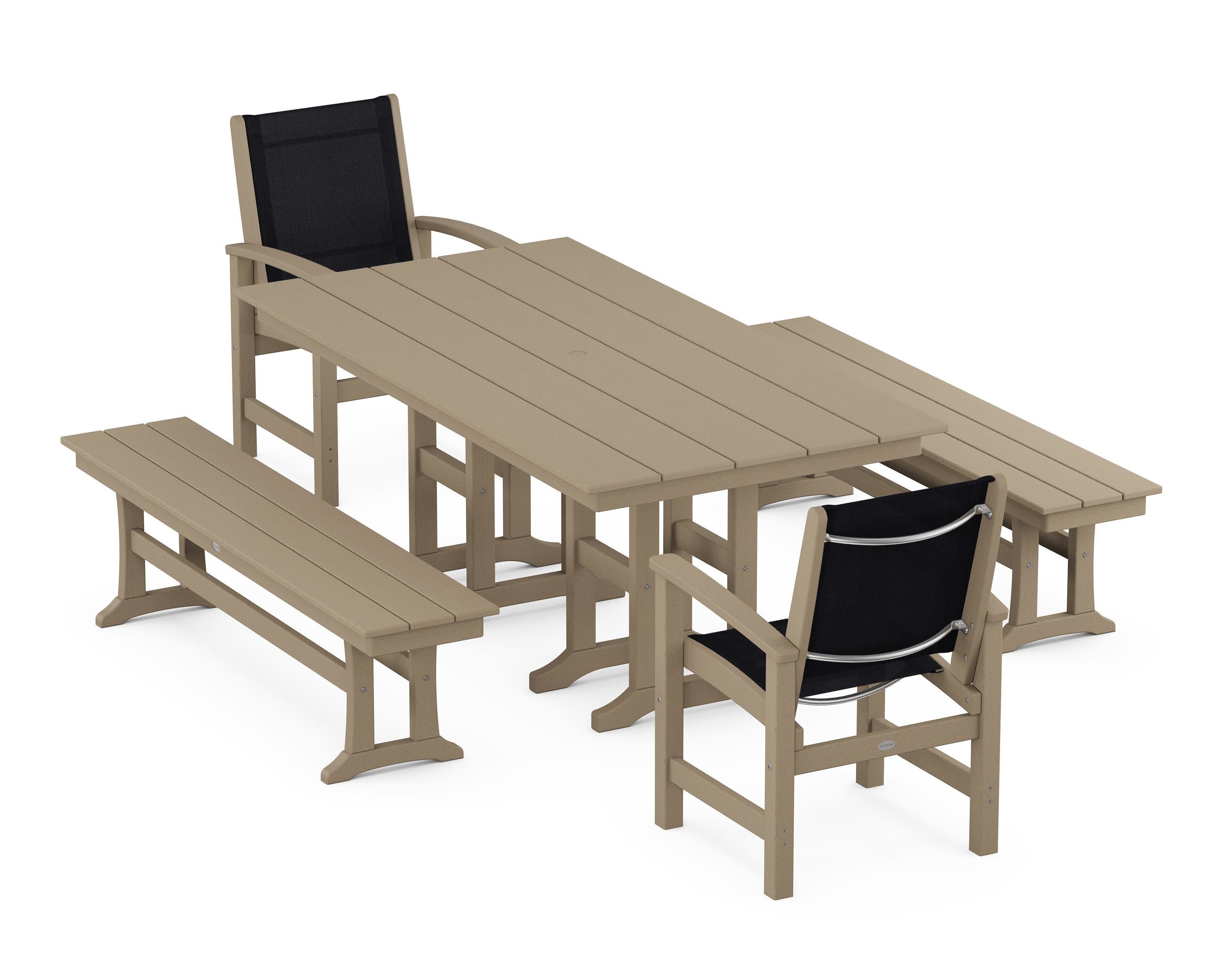 Coastal 5-Piece Farmhouse Dining Set in Vintage Sahara / Black Sling
