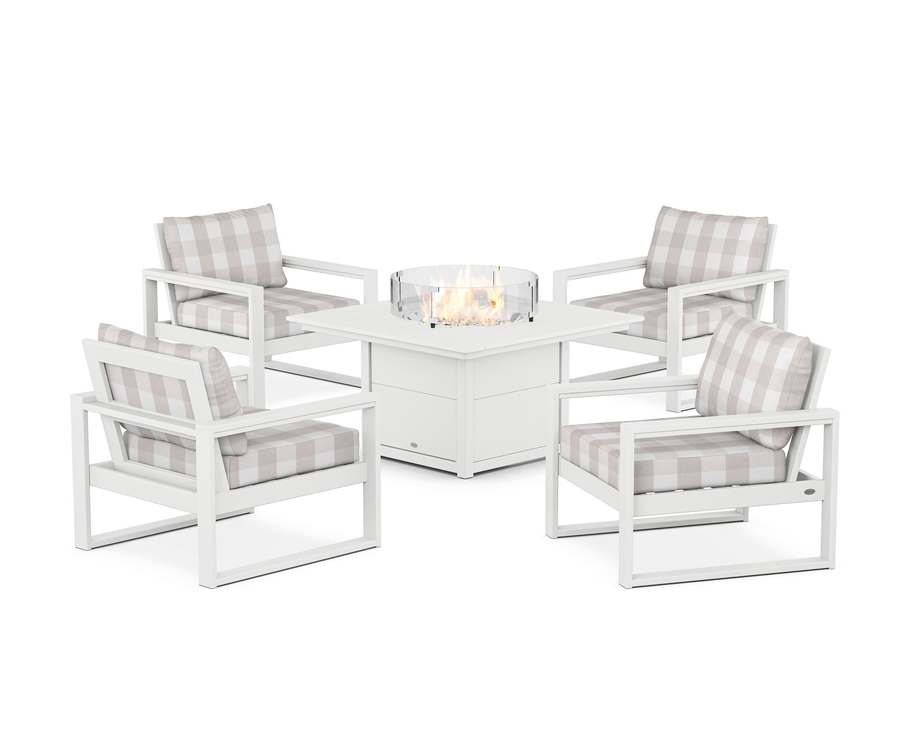 EDGE Sectional 5-Piece Deep Seating Set with Fire Pit Table in White / Buffalo Plaid Dune Burlap