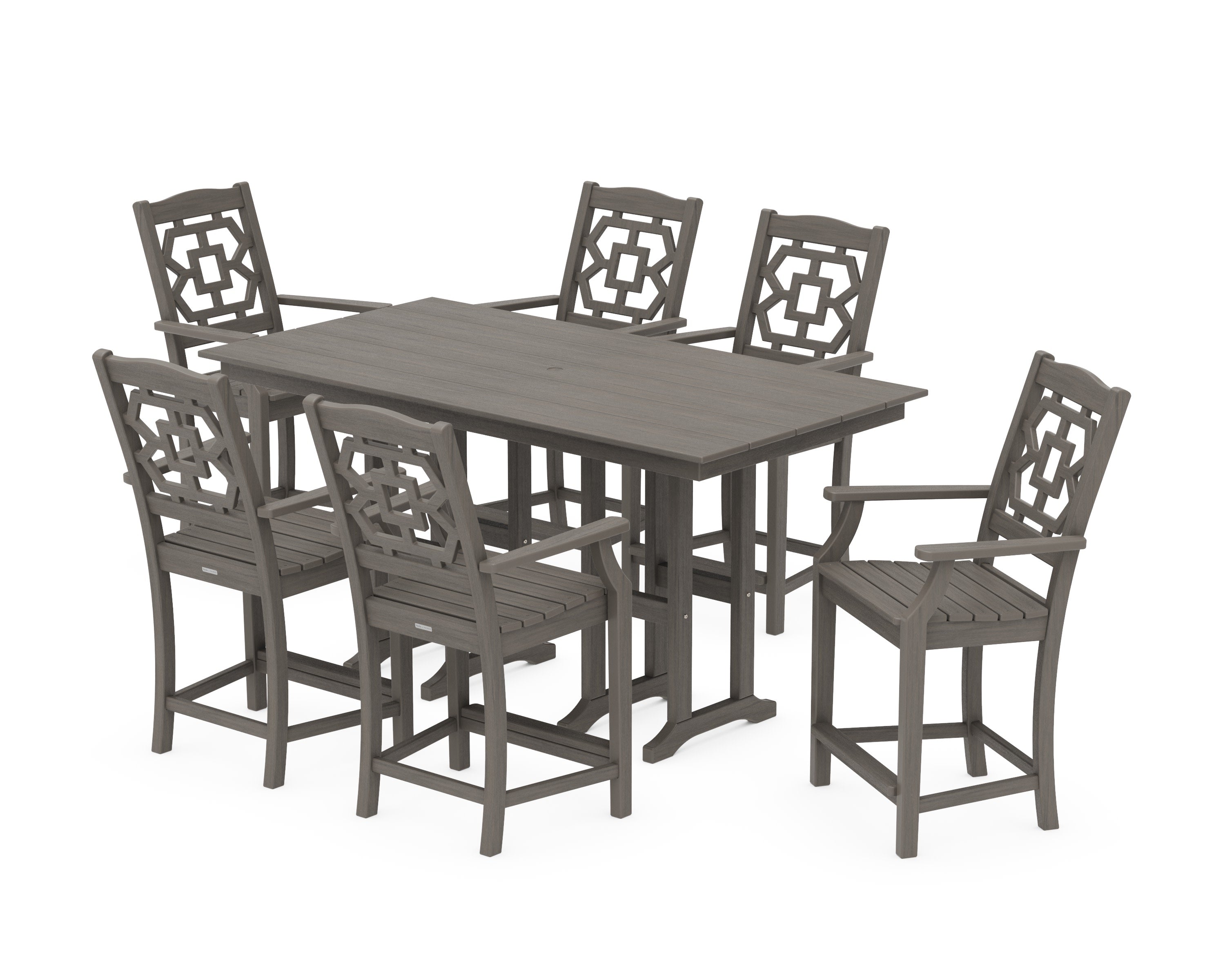 Chinoiserie Arm Chair 7-Piece Farmhouse Counter Set in Driftwood