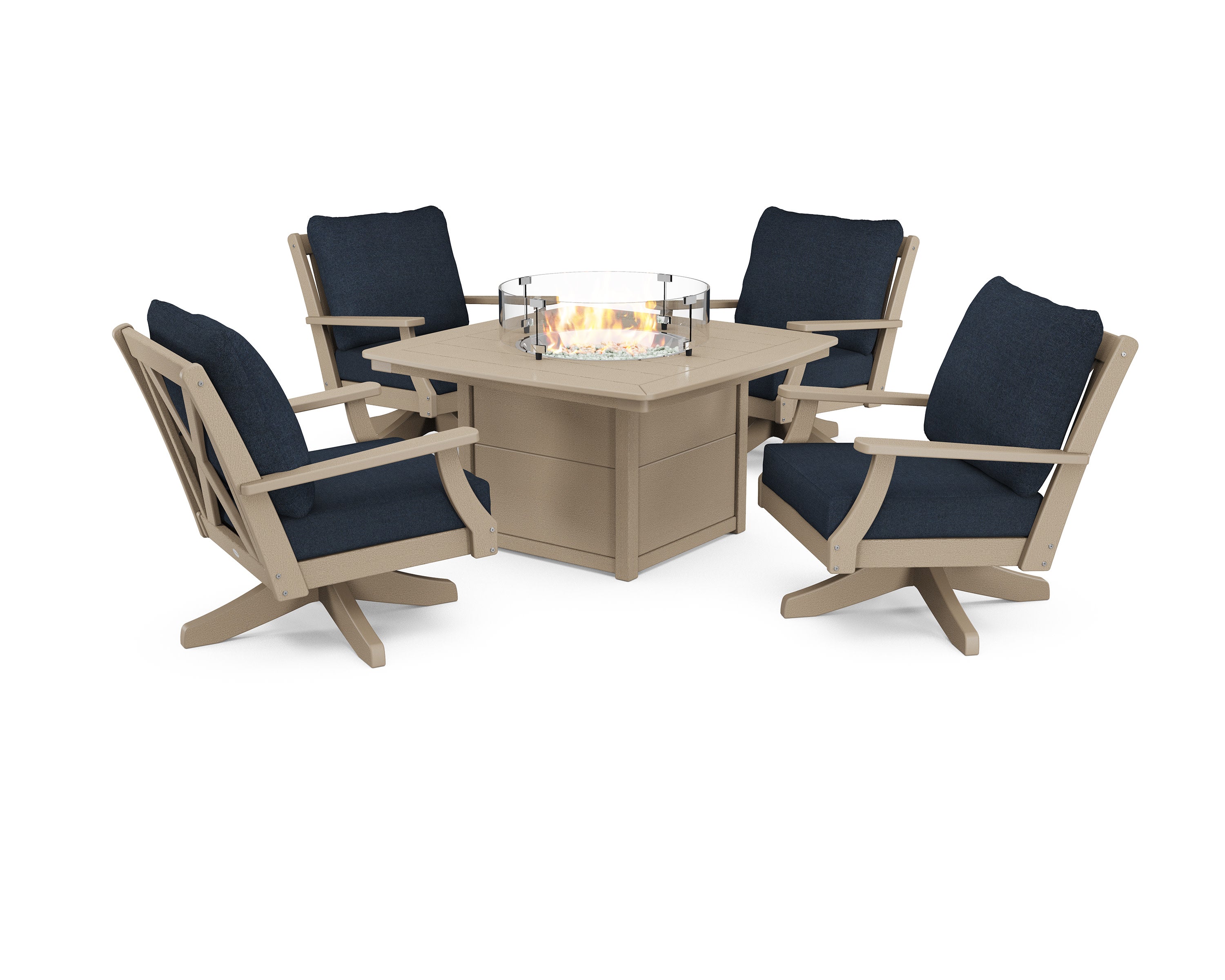 Braxton 5-Piece Deep Seating Swivel Conversation Set with Fire Pit Table in Vintage Sahara / Marine Indigo