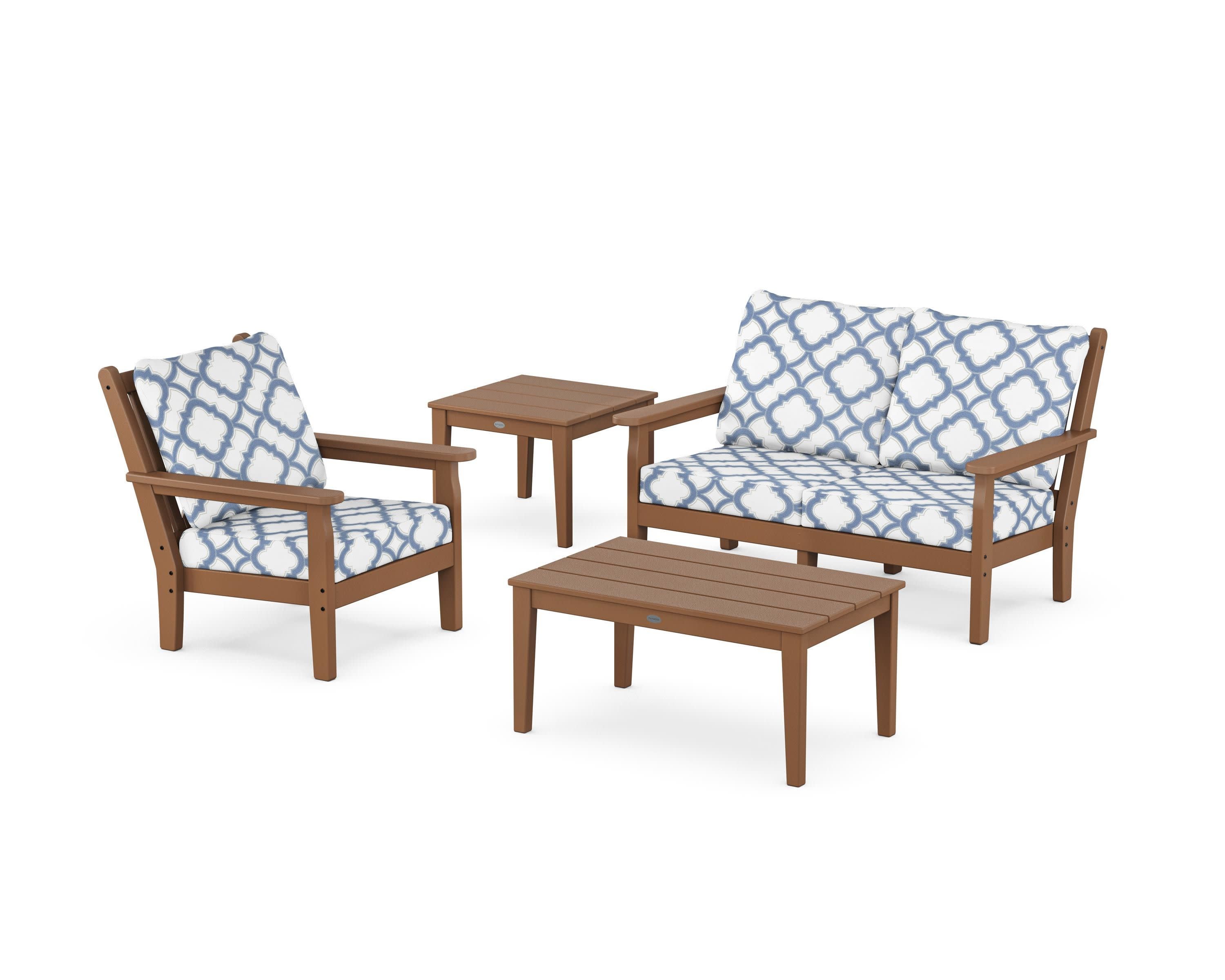 Chippendale 4-Piece Deep Seating Set in Teak / Trellis Sky Blue