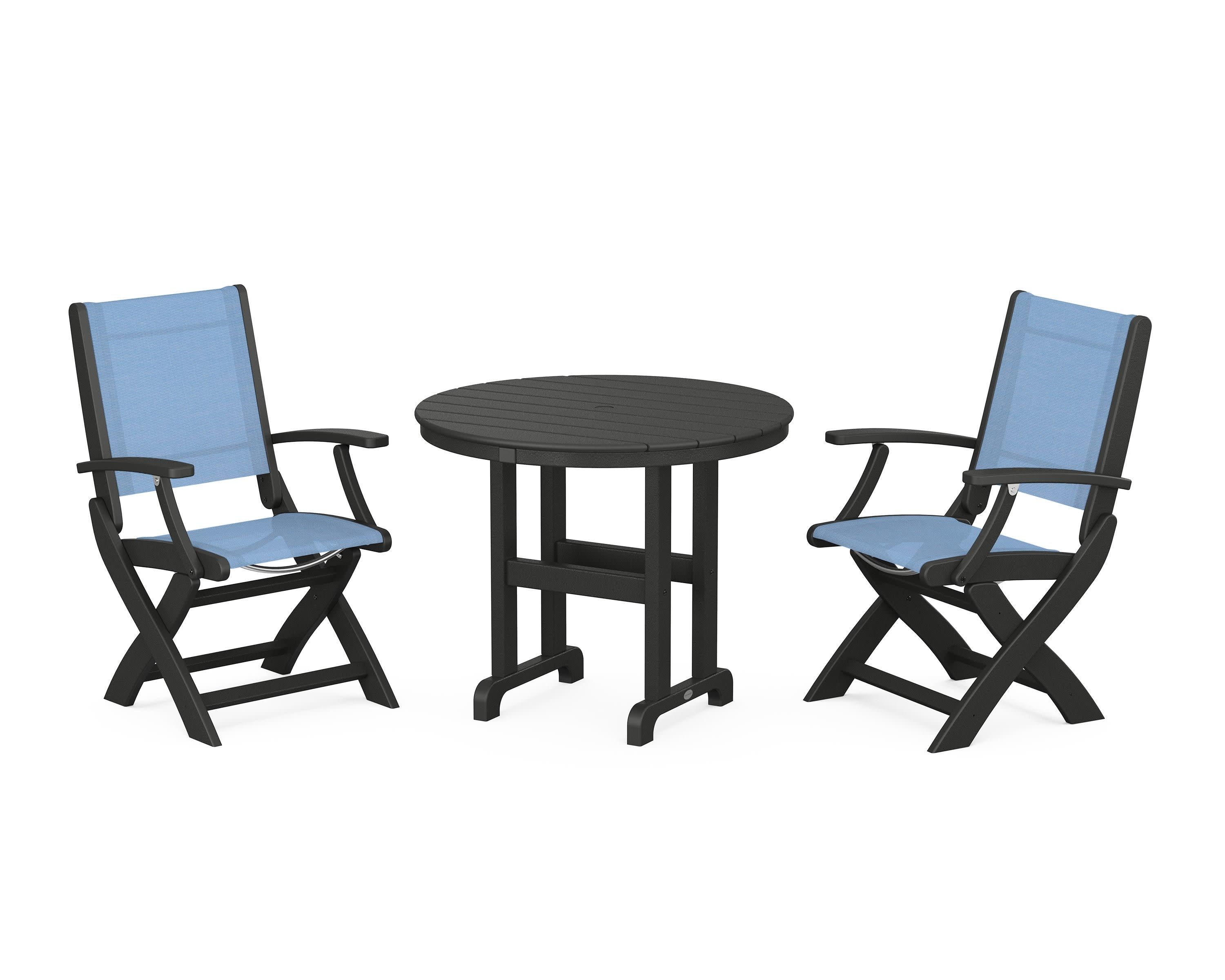 Coastal Folding Chair 3-Piece Round Dining Set in Black / Poolside Sling