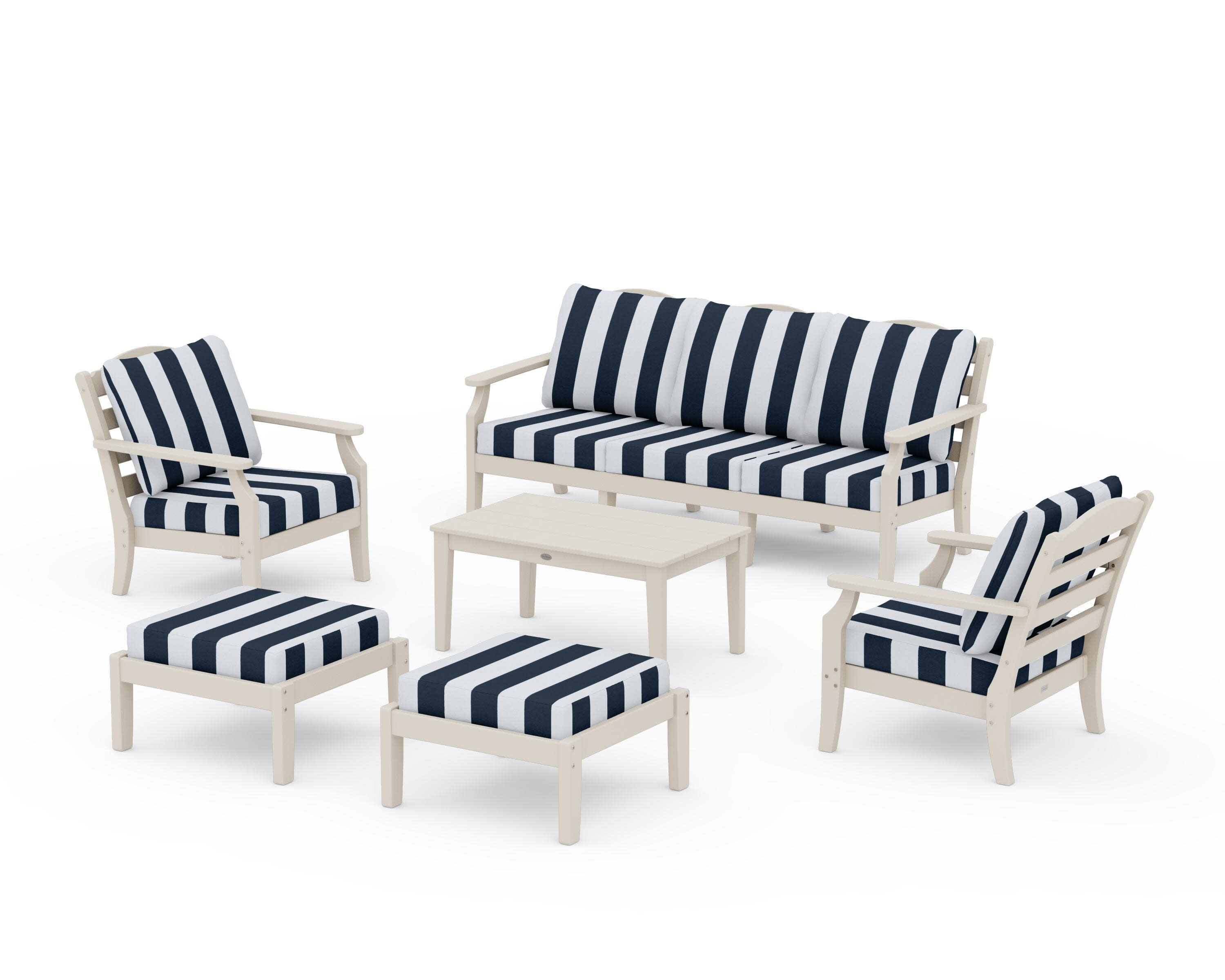 Savannah 6-Piece Lounge Sofa Set in Sand / Cabana Stripe Marine Indigo