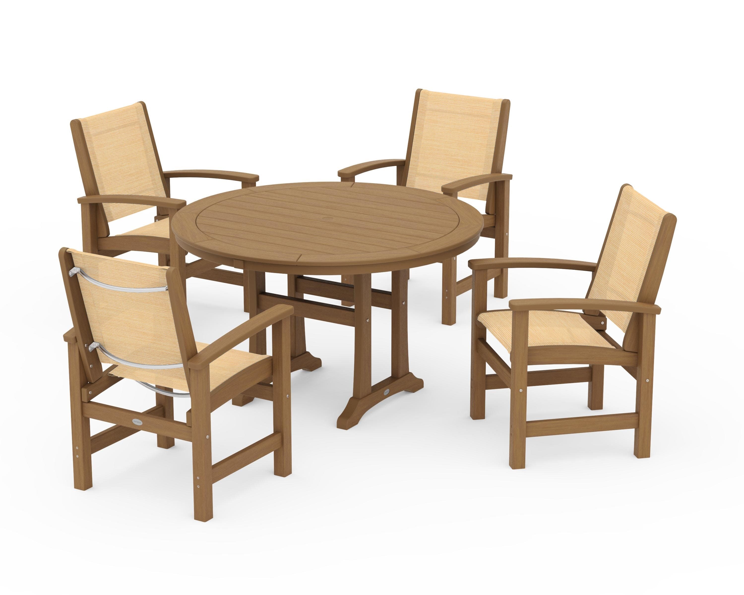 Coastal 5-Piece Round Dining Set with Trestle Legs in Natural / Dupioni Apricot Sling