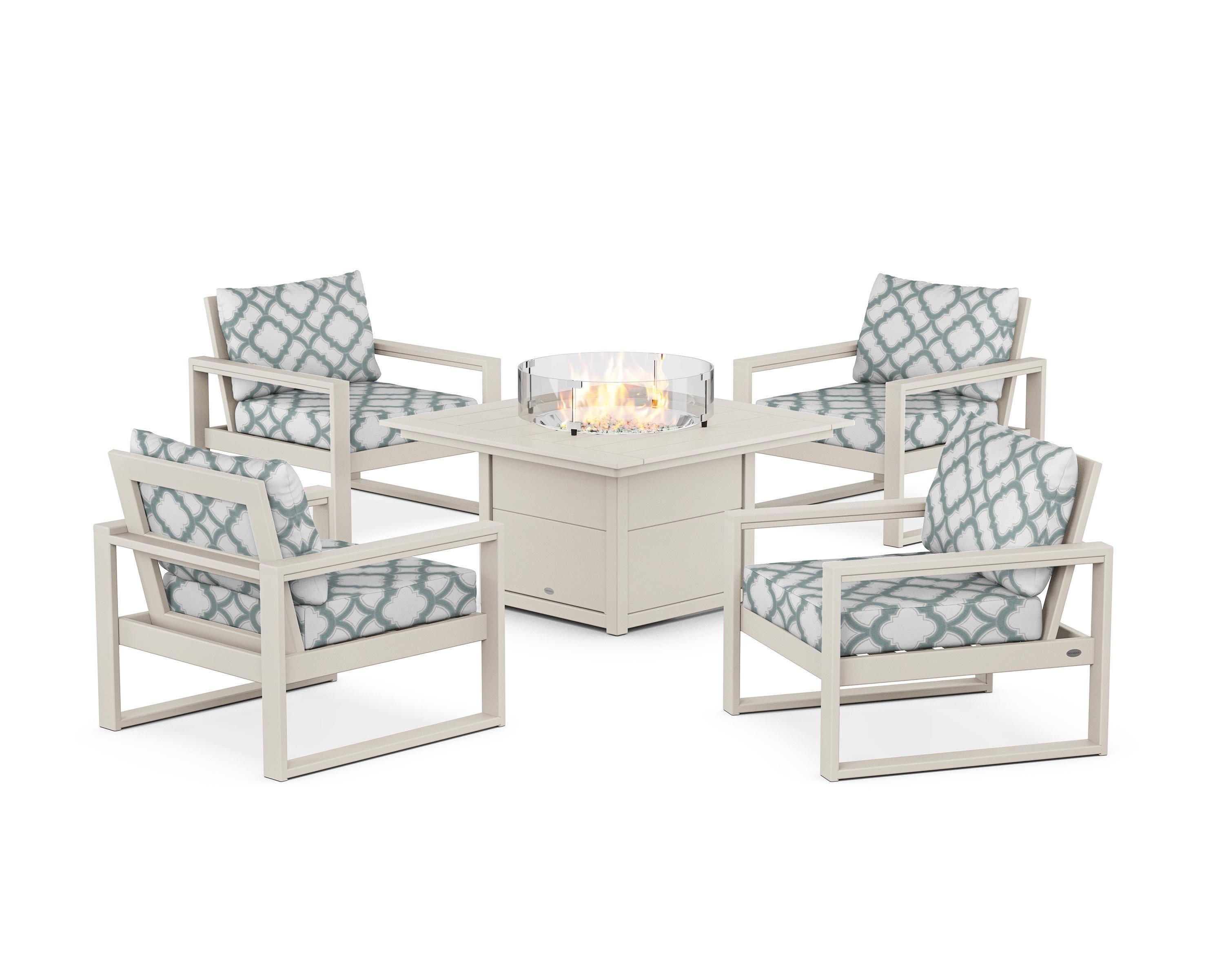 EDGE Sectional 5-Piece Deep Seating Set with Fire Pit Table in Sand / Trellis Glacier Spa